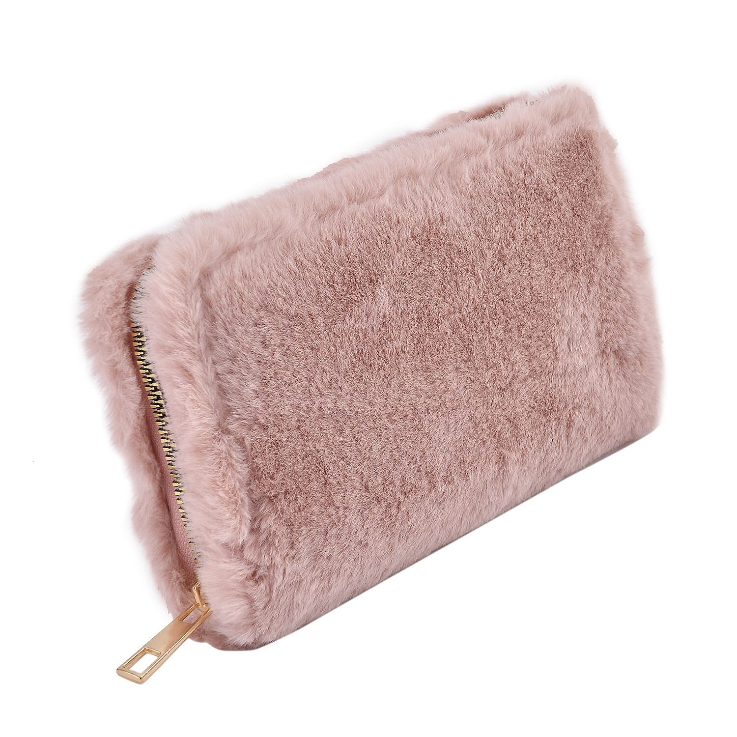 Faux Fur Wallet with Zipper Closure (Size 20x10x3 Cm) - Pink