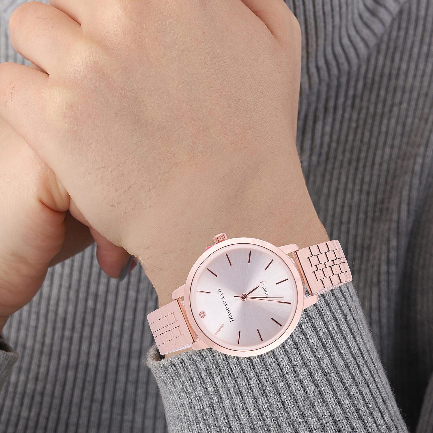 DIAMOND & CO. Natural Pink Diamond Studded Ladies Watch with Rose Gold Colour Chain Strap