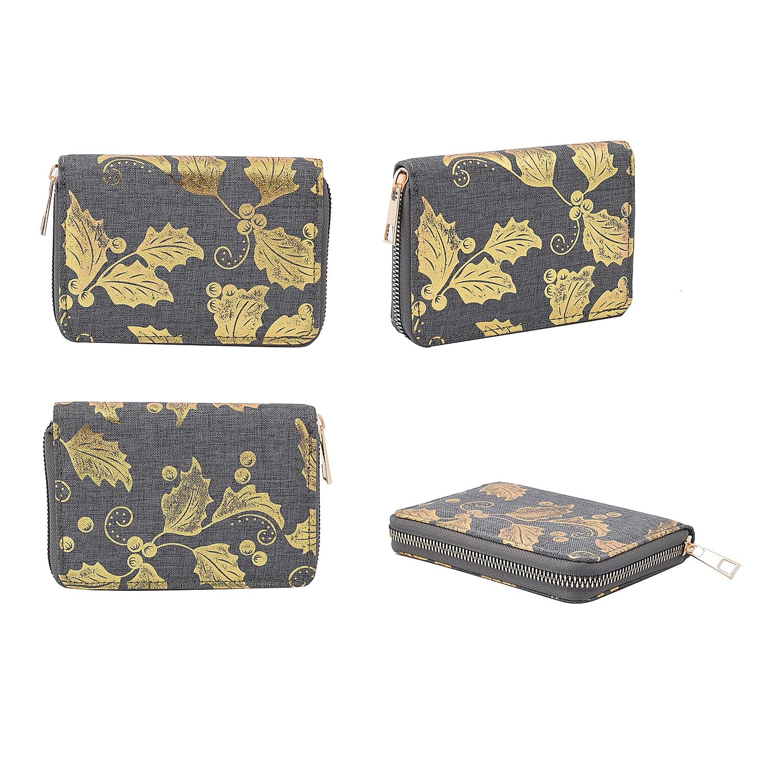 Set of 3 - Golden Leaves Pattern Jute Wallet with Zipper Closure  Grey