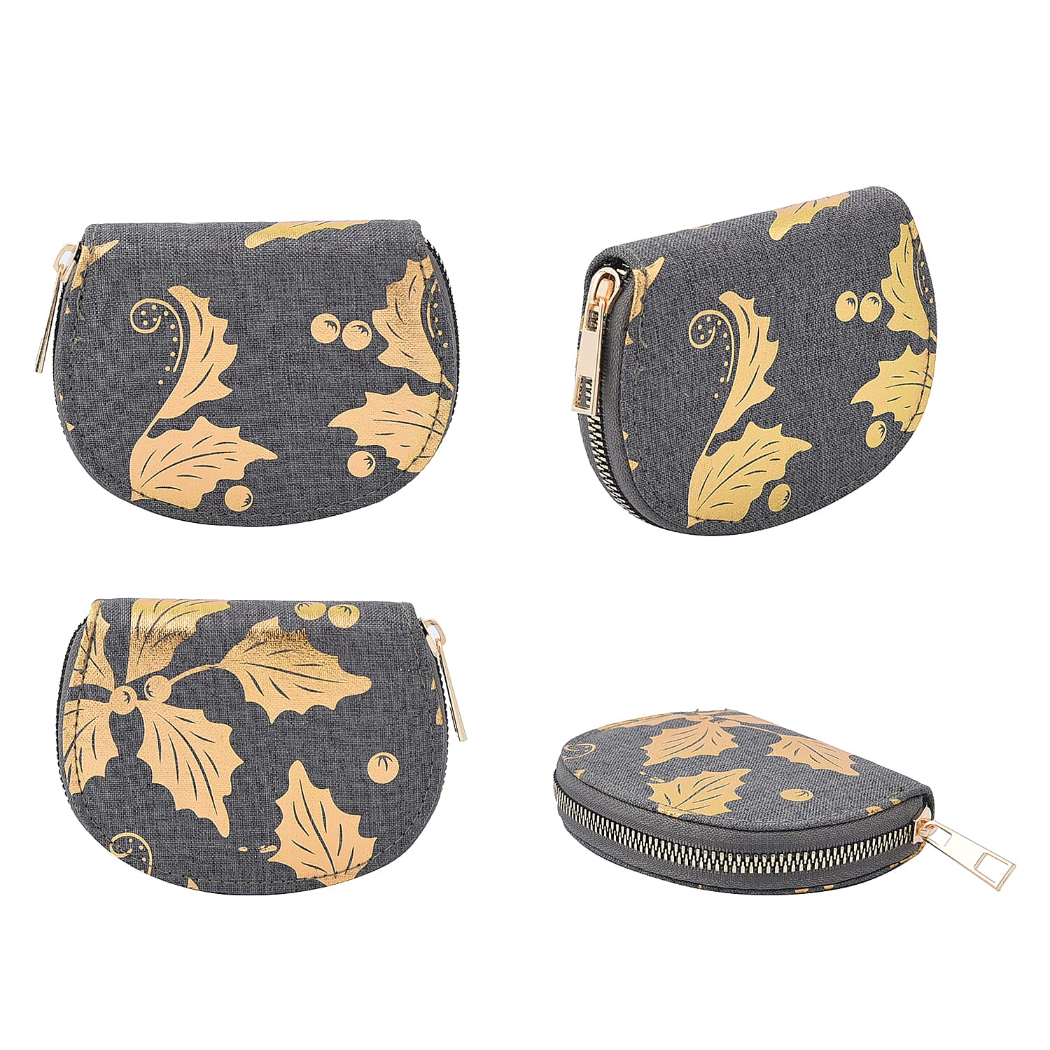 Set of 3 - Golden Leaves Pattern Jute Wallet with Zipper Closure  Grey