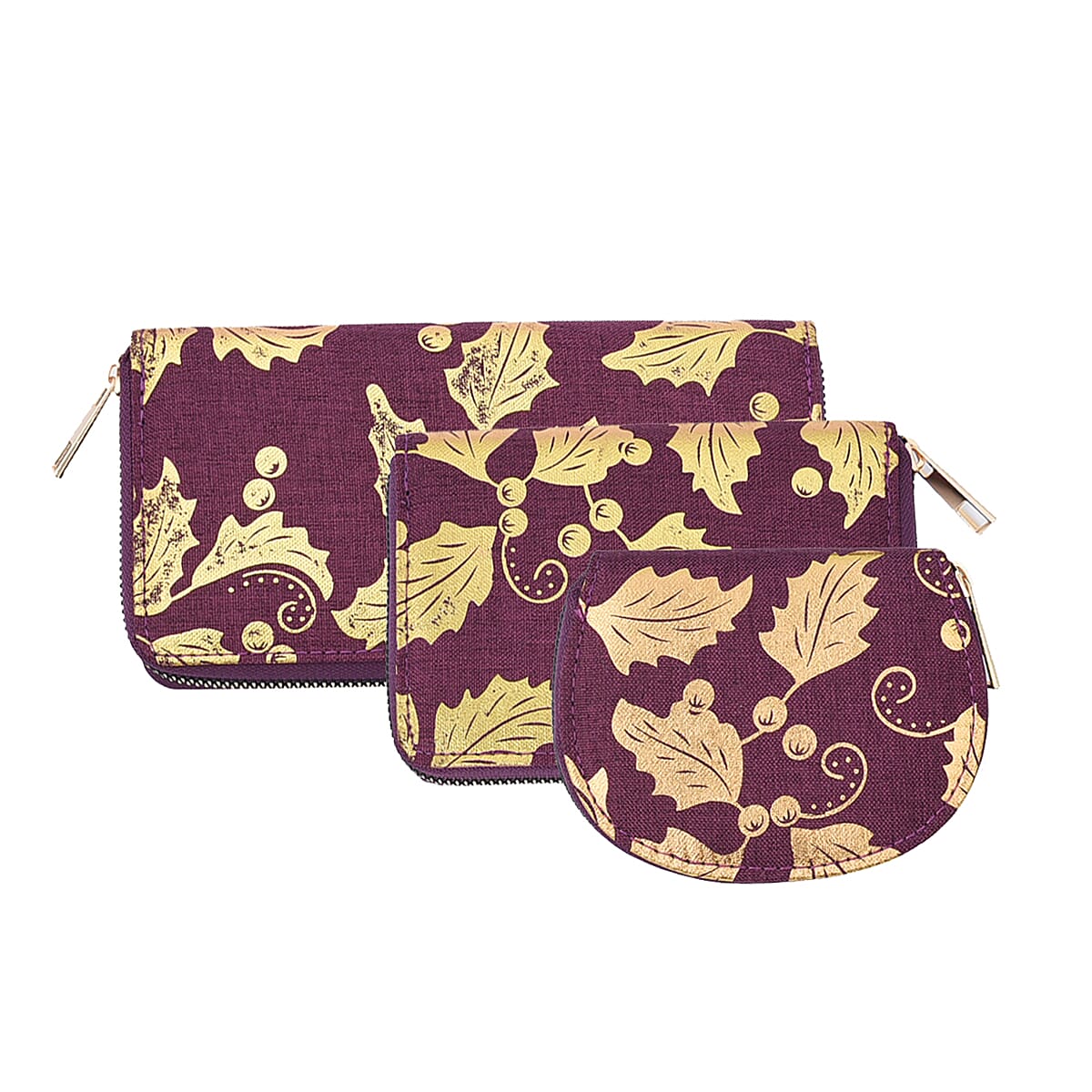 Set of 3 - Golden Leaves Pattern Jute Wallet with Zipper Closure (Size 20x10x2Cm, 15x10x2Cm & 11x9x2Cm) - Purple