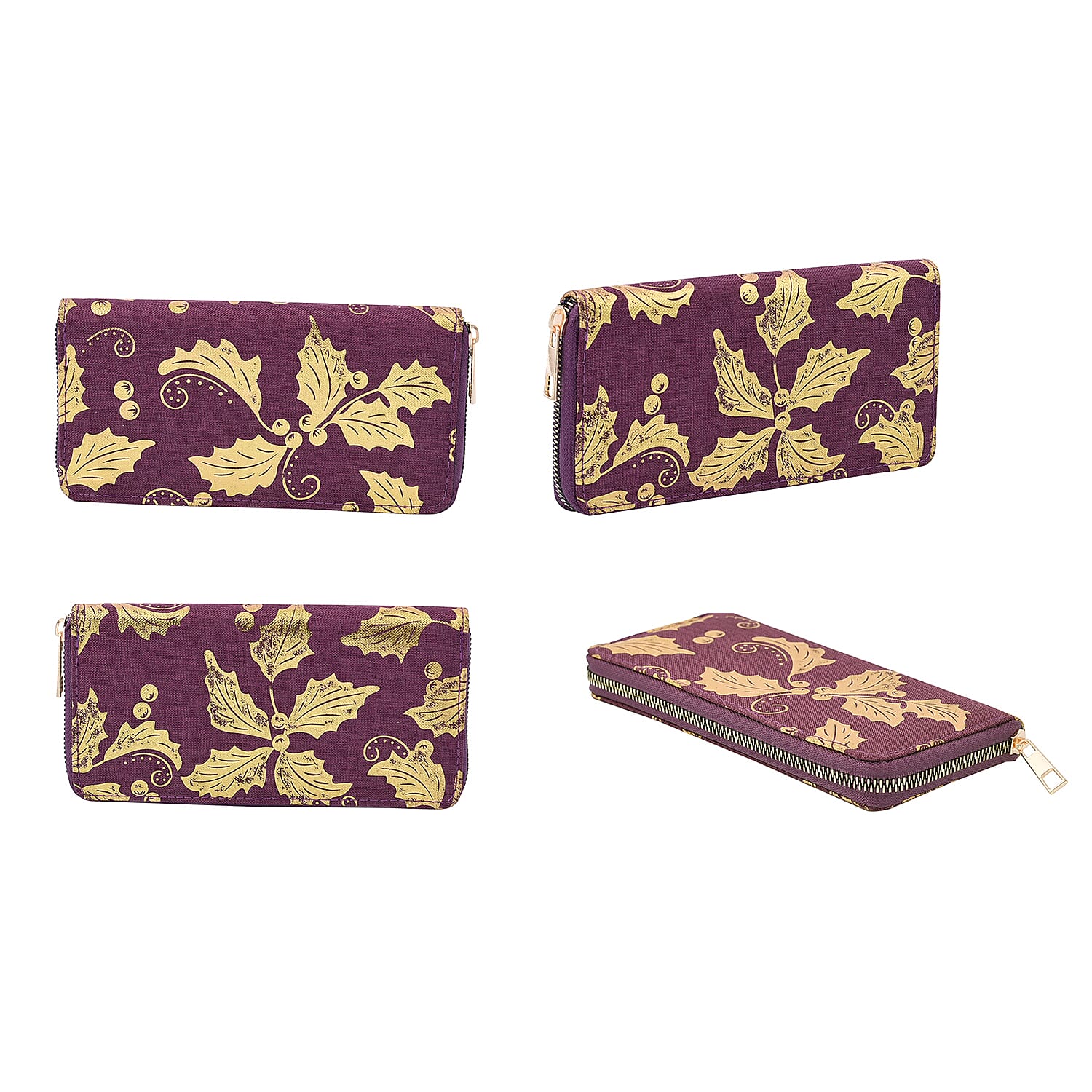 Set of 3 - Golden Leaves Pattern Jute Wallet with Zipper Closure (Size 20x10x2Cm, 15x10x2Cm & 11x9x2Cm) - Purple