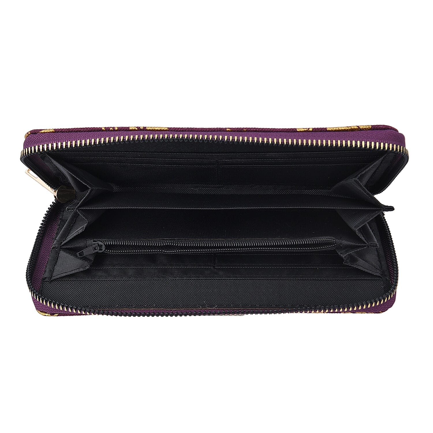 Set of 3 - Golden Leaves Pattern Jute Wallet with Zipper Closure (Size 20x10x2Cm, 15x10x2Cm & 11x9x2Cm) - Purple