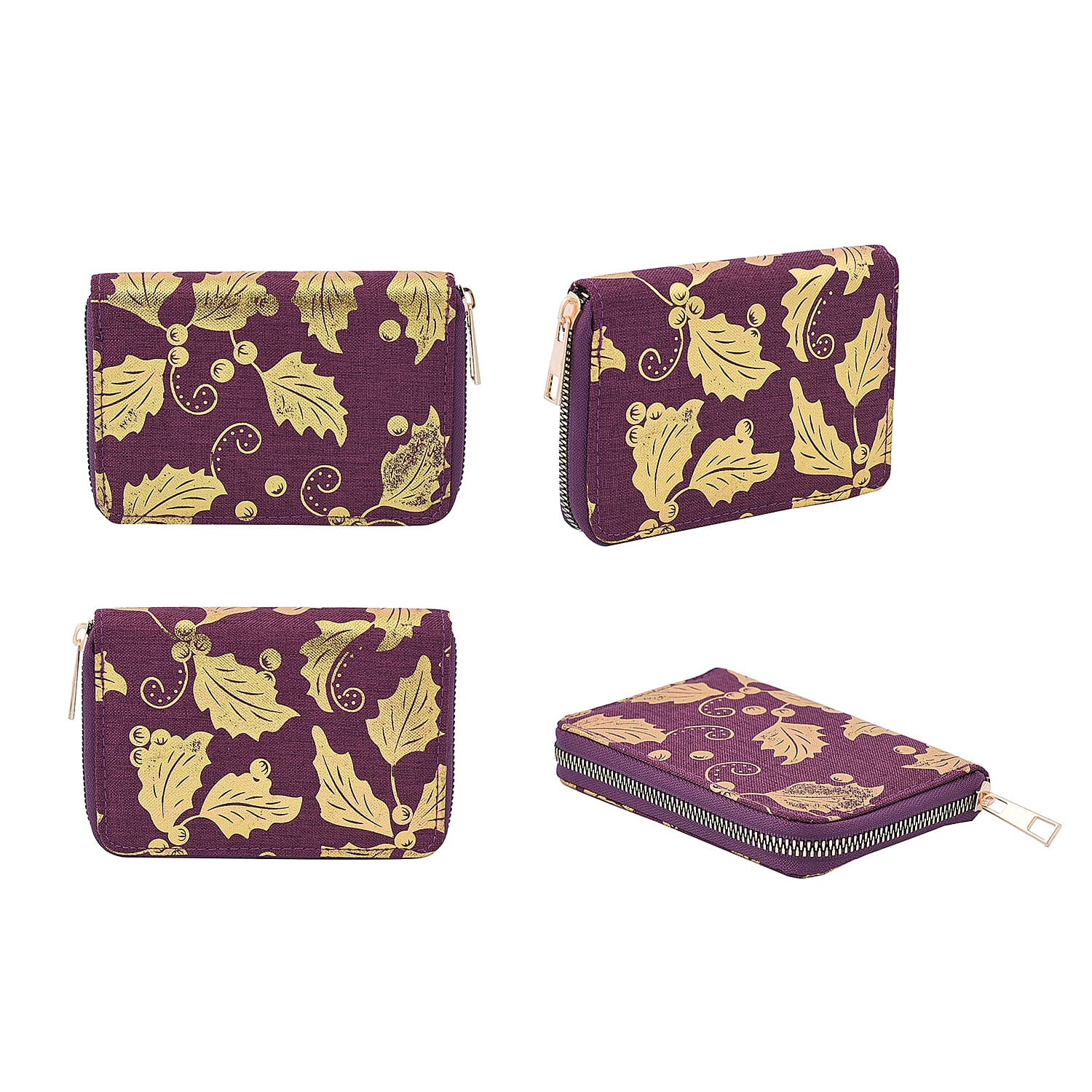 Set of 3 - Golden Leaves Pattern Jute Wallet with Zipper Closure (Size 20x10x2Cm, 15x10x2Cm & 11x9x2Cm) - Purple