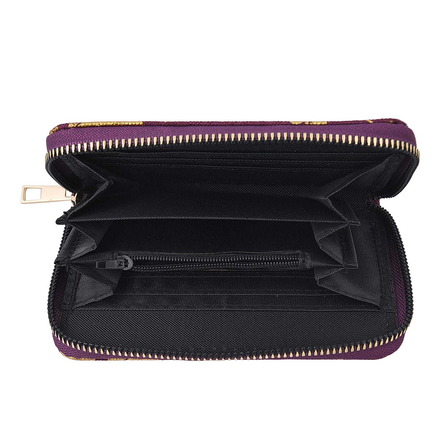 Set of 3 - Golden Leaves Pattern Jute Wallet with Zipper Closure (Size 20x10x2Cm, 15x10x2Cm & 11x9x2Cm) - Purple