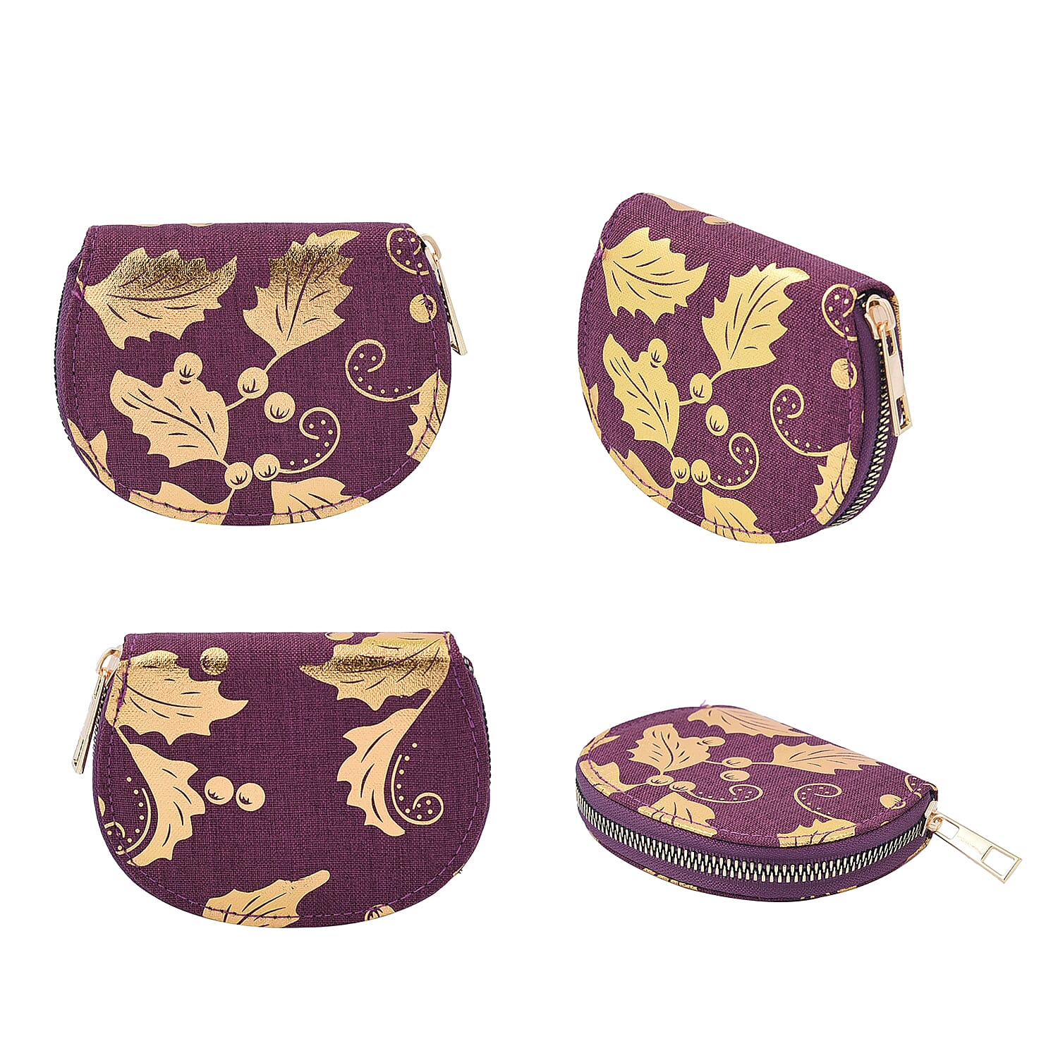 Set of 3 - Golden Leaves Pattern Jute Wallet with Zipper Closure (Size 20x10x2Cm, 15x10x2Cm & 11x9x2Cm) - Purple