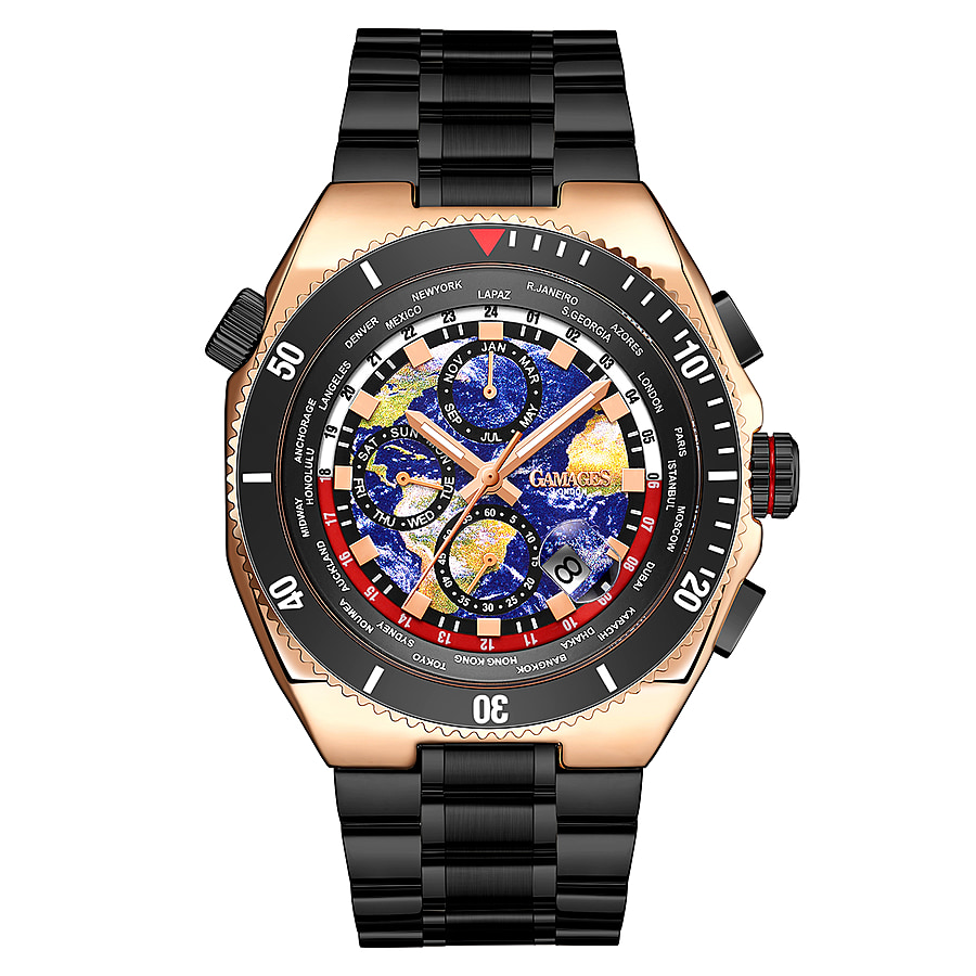 GAMAGES OF LONDON Limited Edition Hand Assembled Globe Walker Automatic Movement World Dial Water Resistant Watch with Black Colour Chain Strap