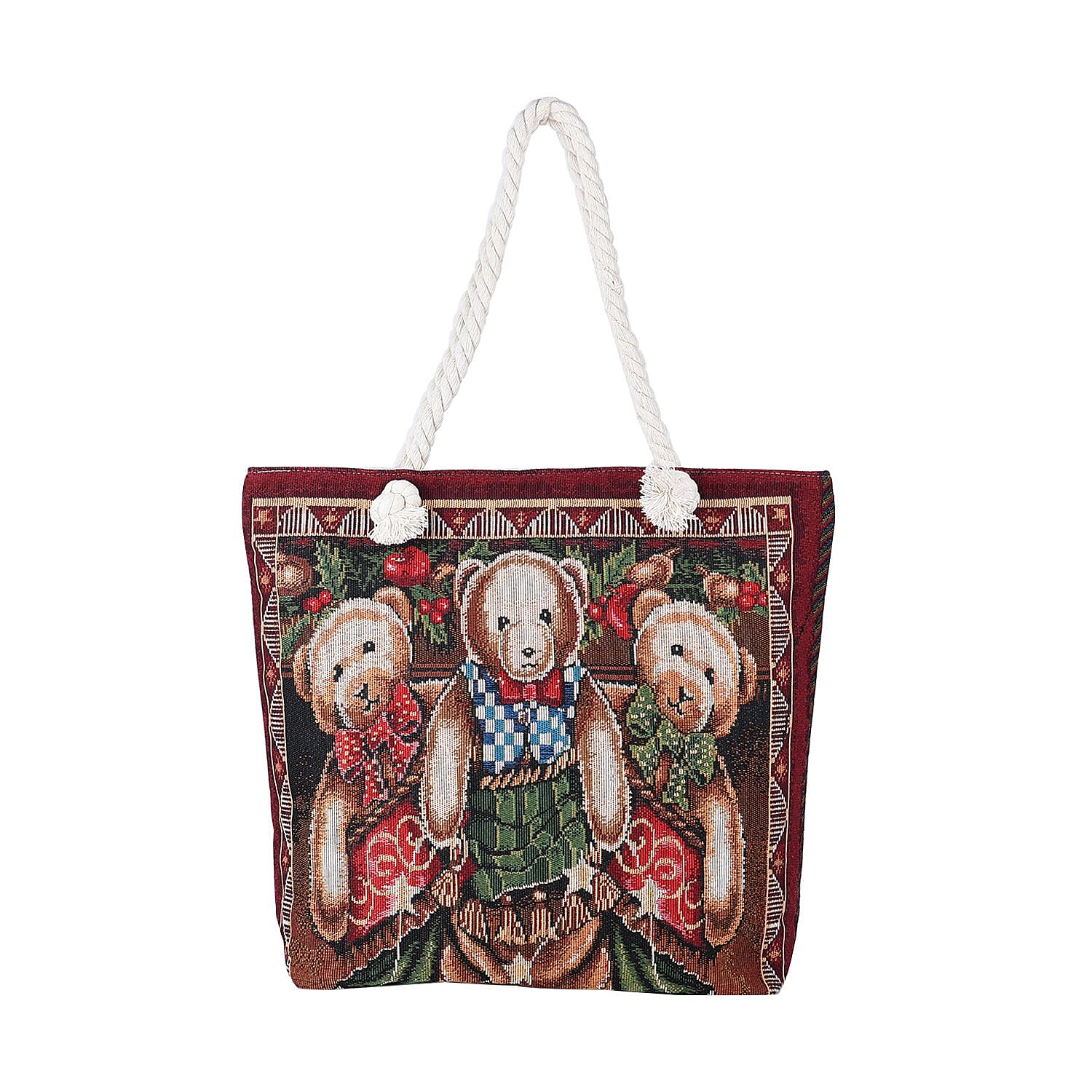 Christmas Collection 3 Bears Pattern Tote Bag with Handel Drop (Size 42x37x34x9 Cm) - Brown & Multi