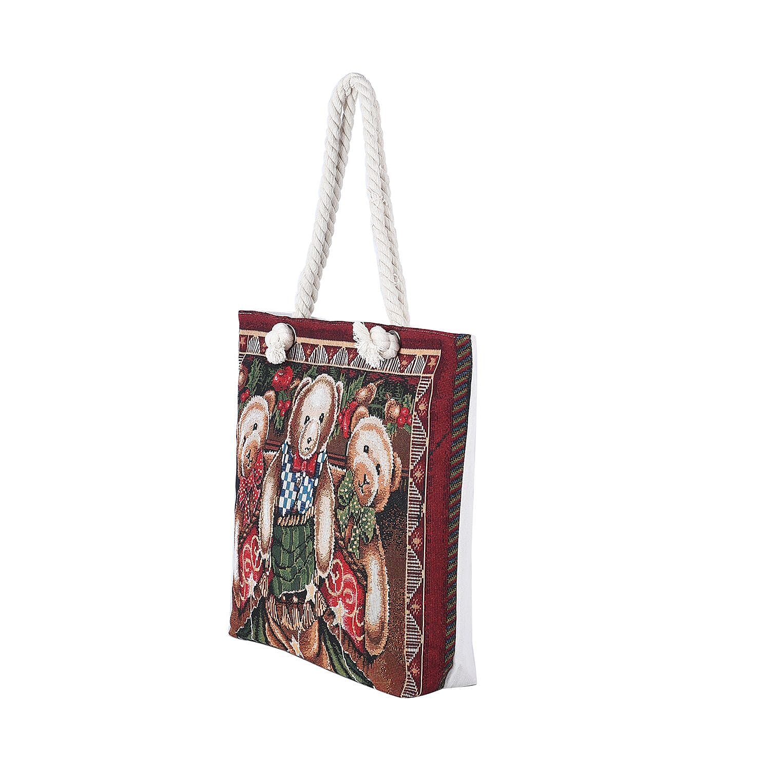 Christmas Collection 3 Bears Pattern Tote Bag with Handel Drop (Size 42x37x34x9 Cm) - Brown & Multi