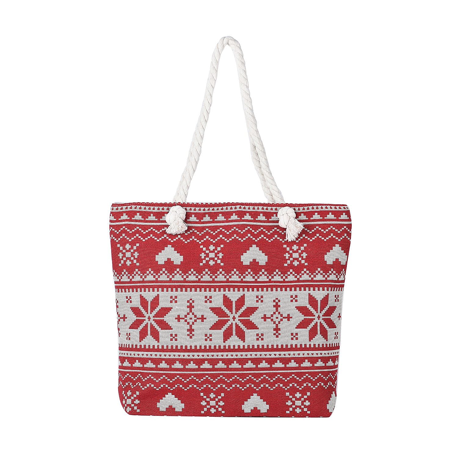 Snowflake Pattern Tote Bag with Handel Drop (Size 42x34x9x37 Cm) - Red & White