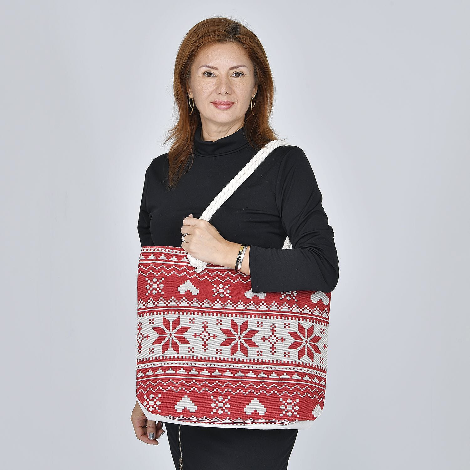 Snowflake Pattern Tote Bag with Handel Drop (Size 42x34x9x37 Cm) - Red & White