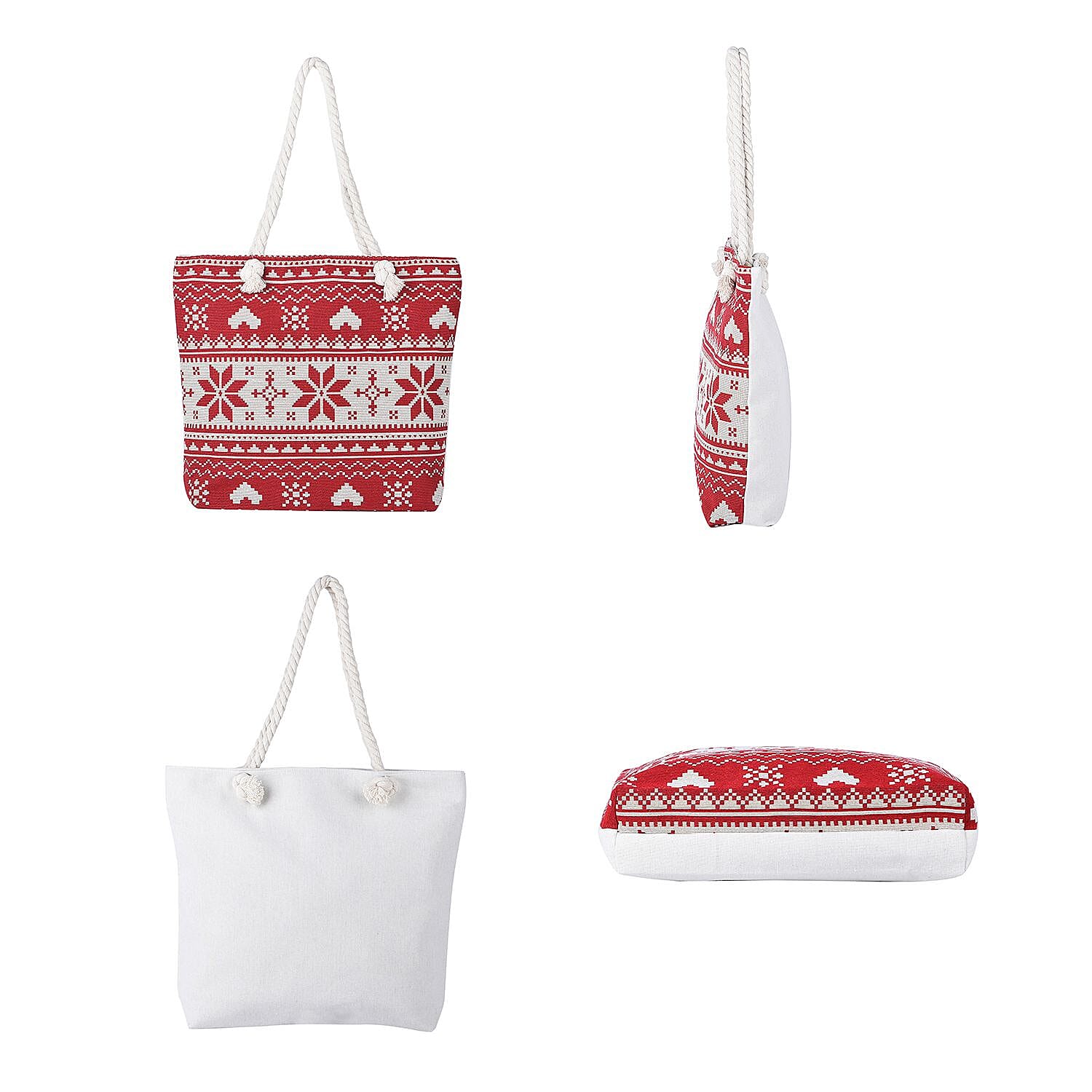 Snowflake Pattern Tote Bag with Handel Drop (Size 42x34x9x37 Cm) - Red & White
