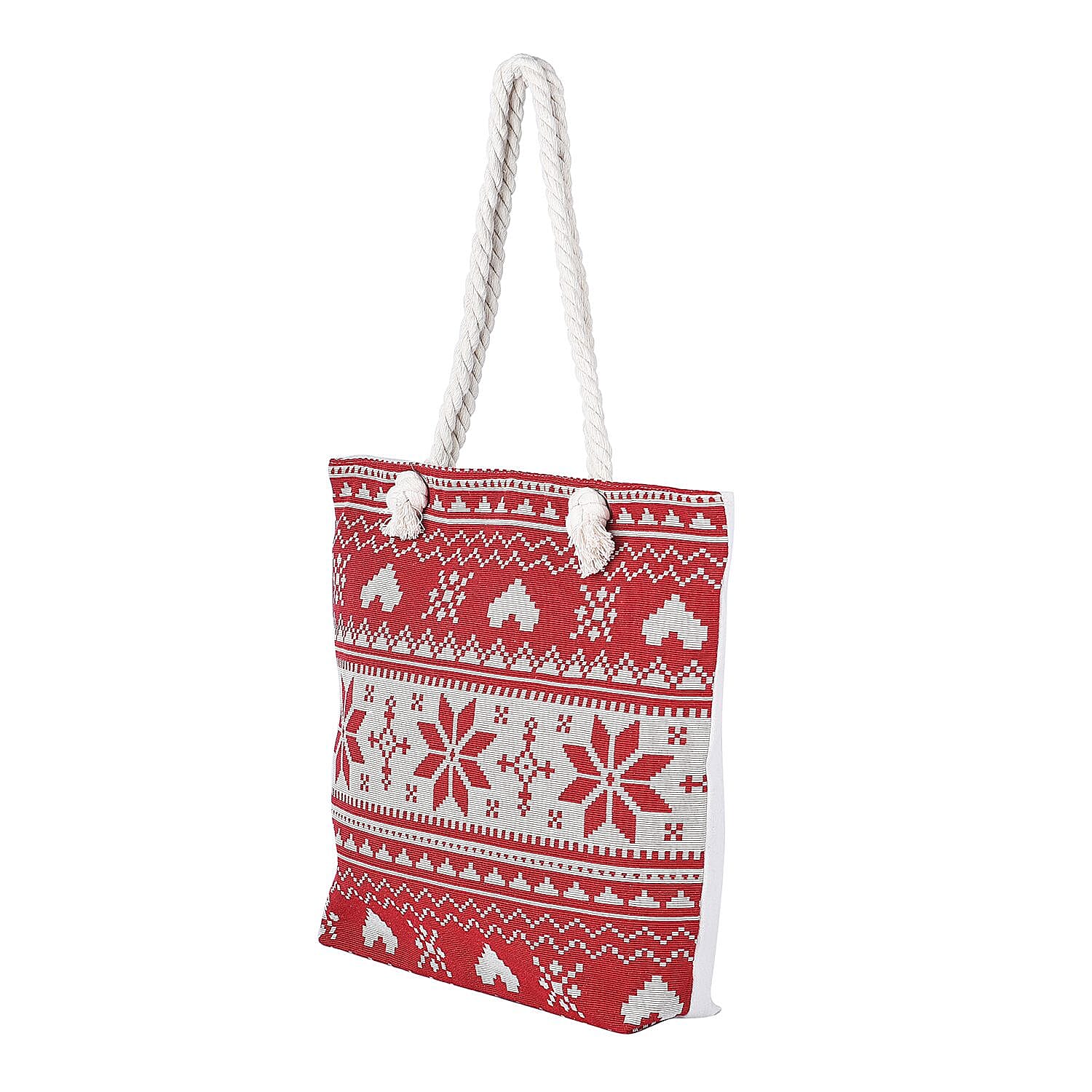 Snowflake Pattern Tote Bag with Handel Drop (Size 42x34x9x37 Cm) - Red & White