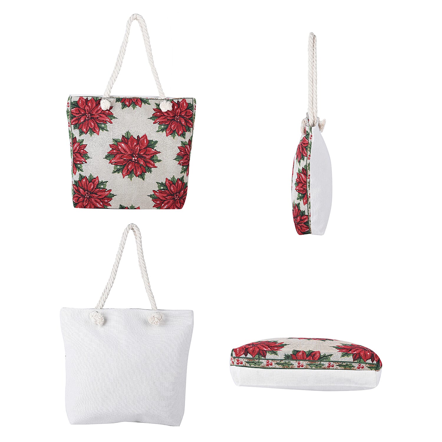 Christmas Collection Flower Pattern Tote Bag with Handel Drop (Size 42x34x9x37 Cm) - Beige & Red