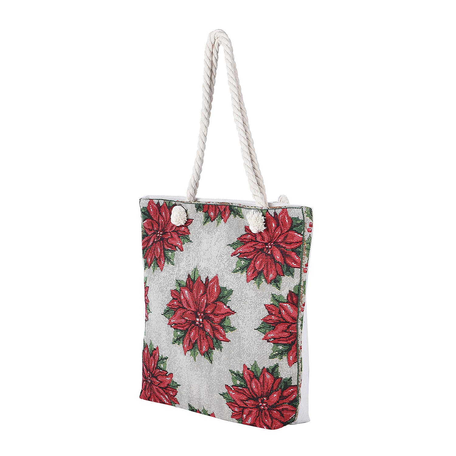 Christmas Collection Flower Pattern Tote Bag with Handel Drop (Size 42x34x9x37 Cm) - Beige & Red