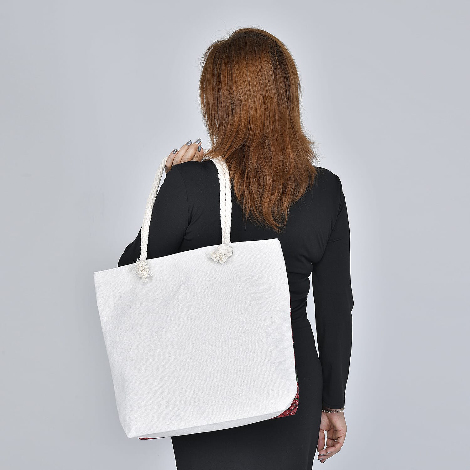 Flower Pattern Tote Bag with Handel Drop (Size 42x34x9x37 Cm) - Black & Red