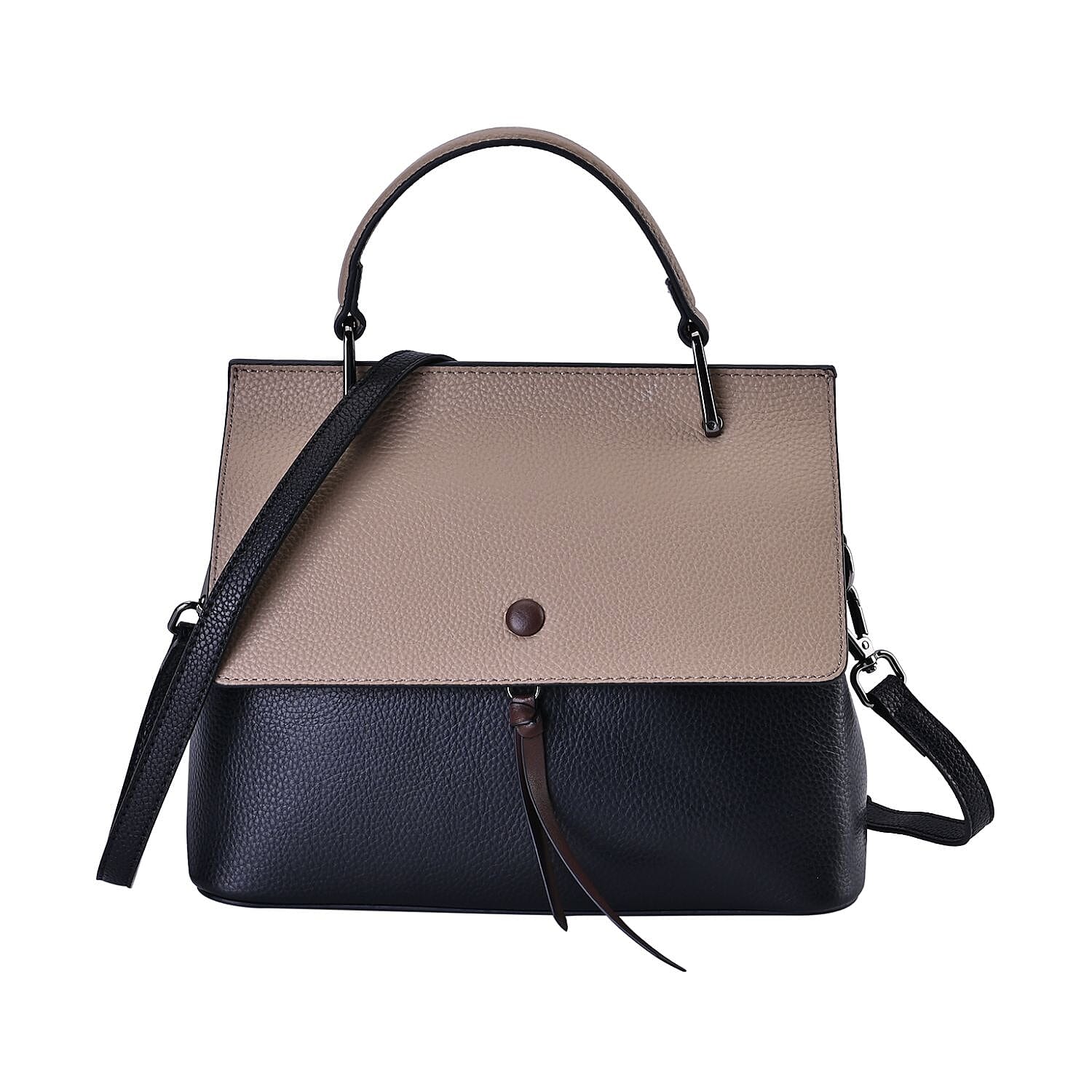 Genuine Leather Crossbody Bag with 2 Exterior Zipped Pockets - Shoulder Strap - Black