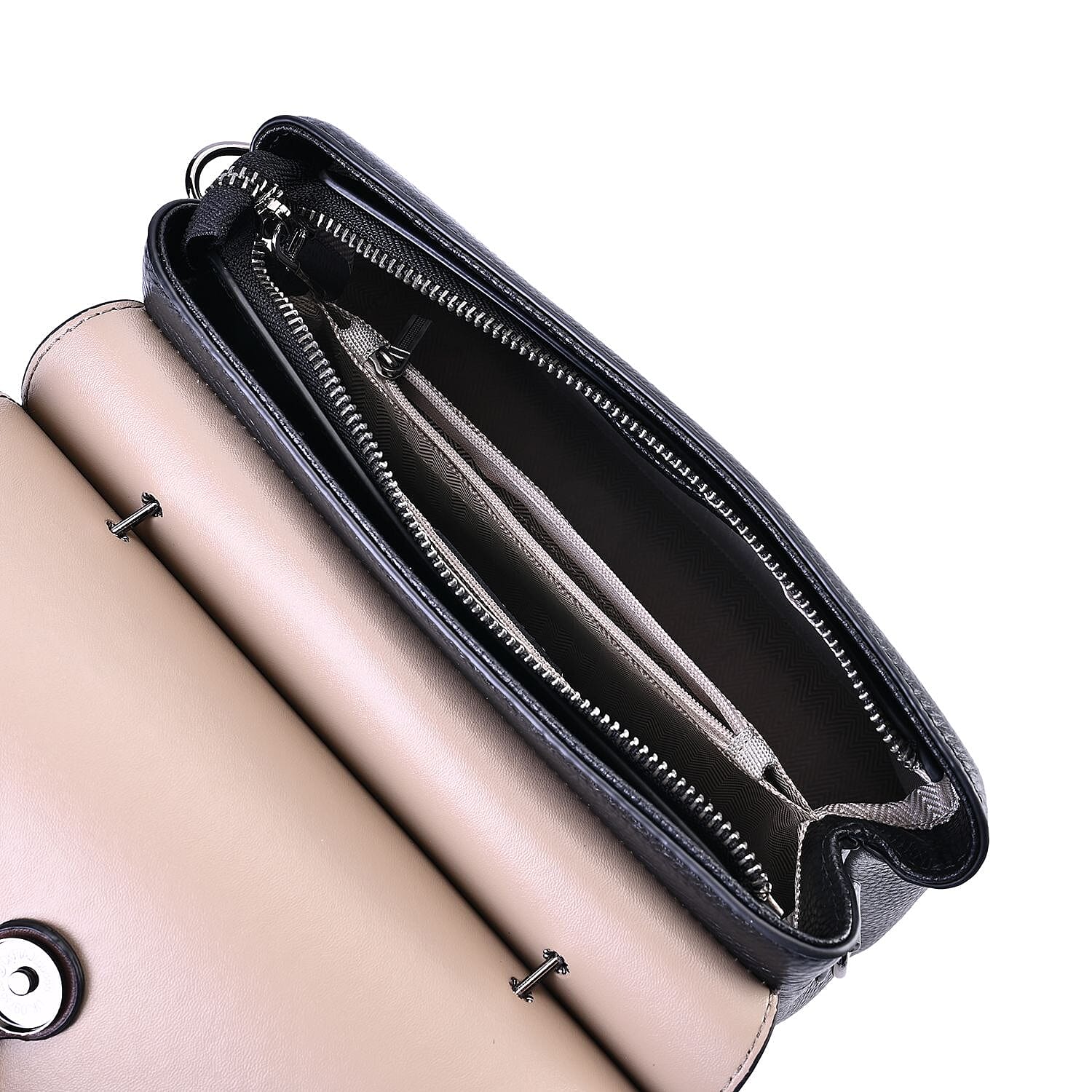 Genuine Leather Crossbody Bag with 2 Exterior Zipped Pockets - Shoulder Strap - Black