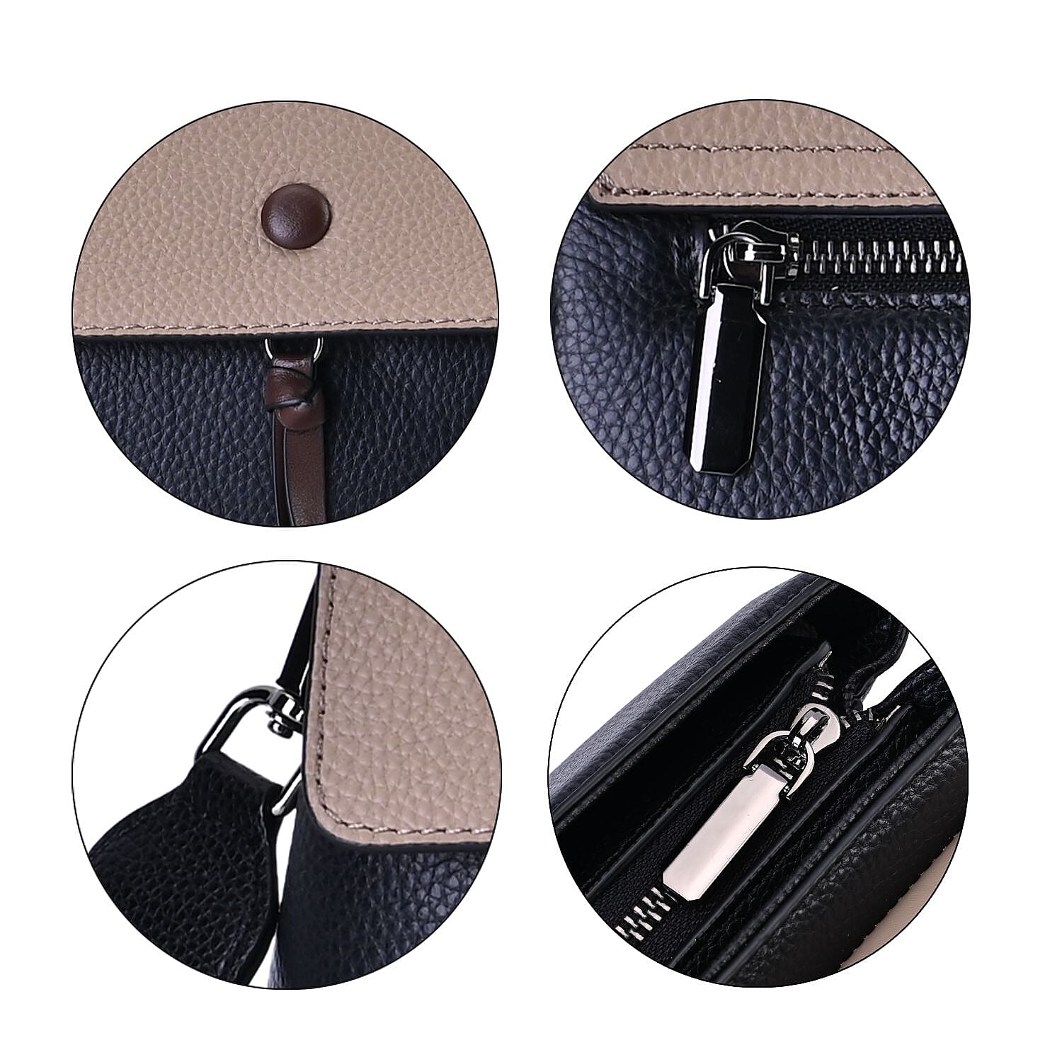 Genuine Leather Crossbody Bag with 2 Exterior Zipped Pockets - Shoulder Strap - Black