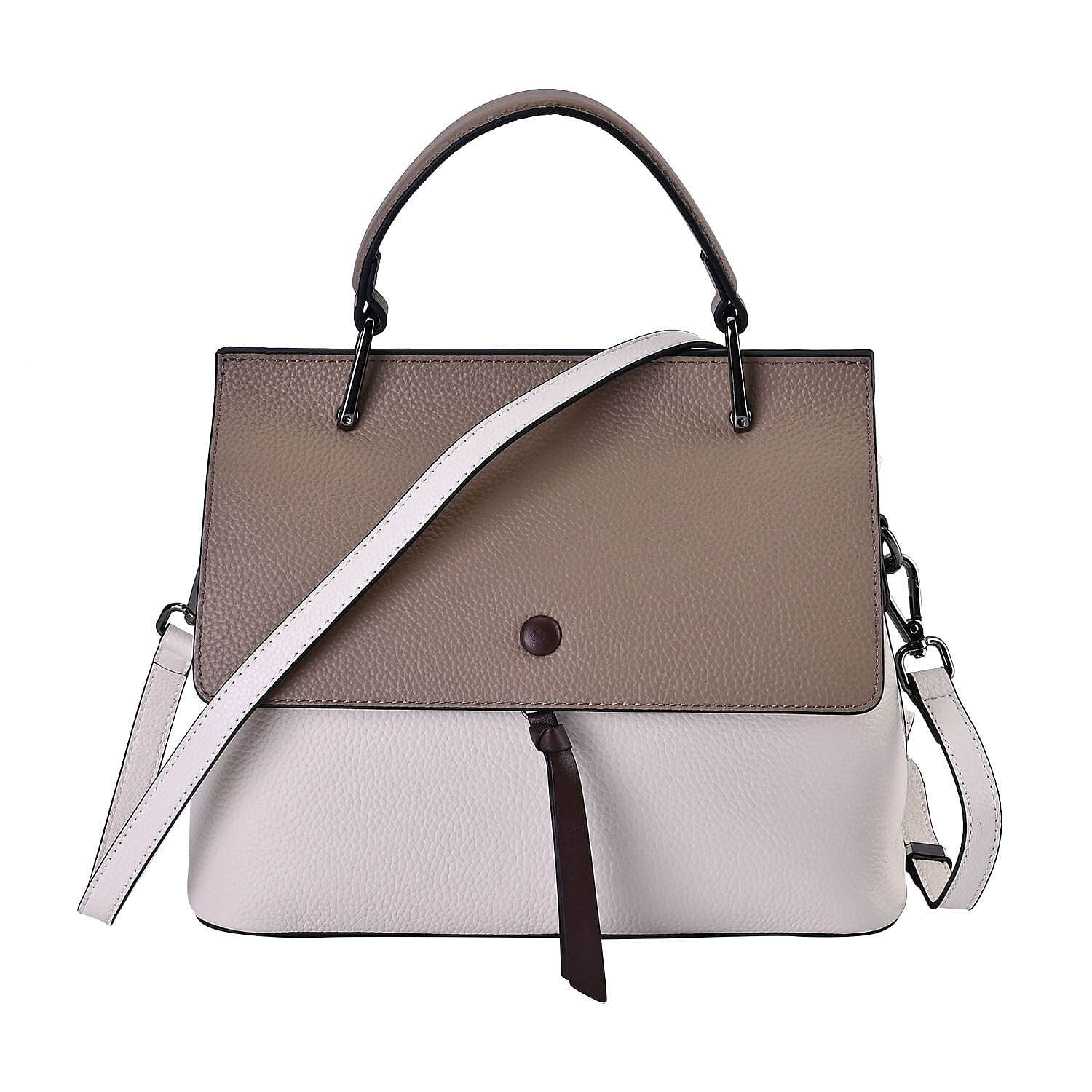 Genuine Leather Crossbody Bag with 2 Exterior Zipped Pockets & Shoulder Strap - White