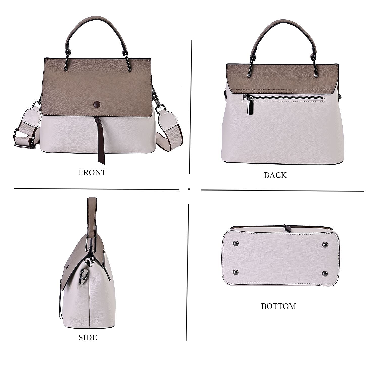 Genuine Leather Crossbody Bag with 2 Exterior Zipped Pockets & Shoulder Strap - White