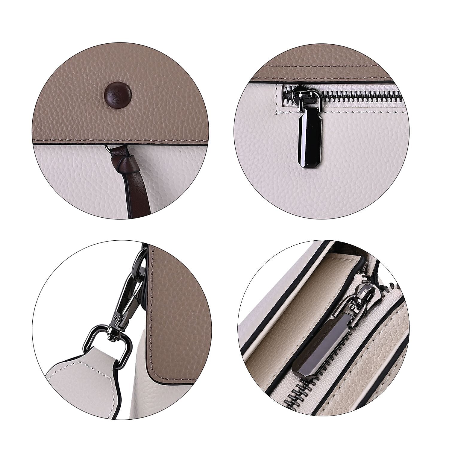 Genuine Leather Crossbody Bag with 2 Exterior Zipped Pockets & Shoulder Strap - White