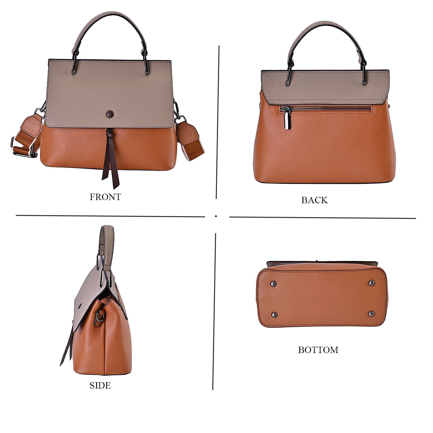 Genuine Leather Crossbody Bag with 2 Exterior Zipped Pockets & Shoulder Strap - Tan