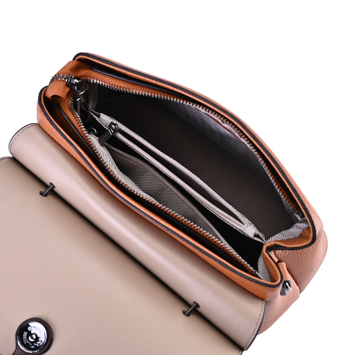 Genuine Leather Crossbody Bag with 2 Exterior Zipped Pockets & Shoulder Strap - Tan