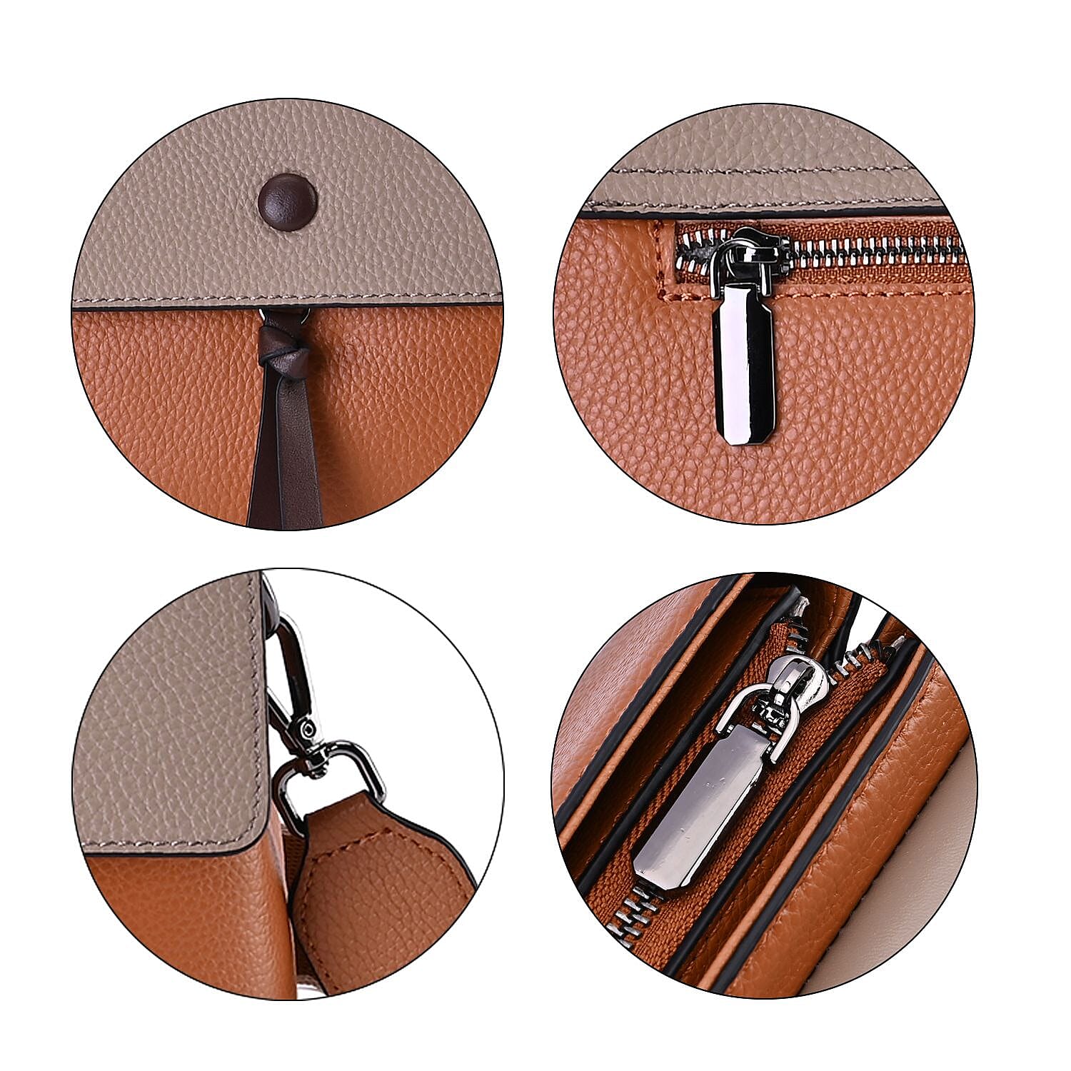 Genuine Leather Crossbody Bag with 2 Exterior Zipped Pockets & Shoulder Strap - Tan