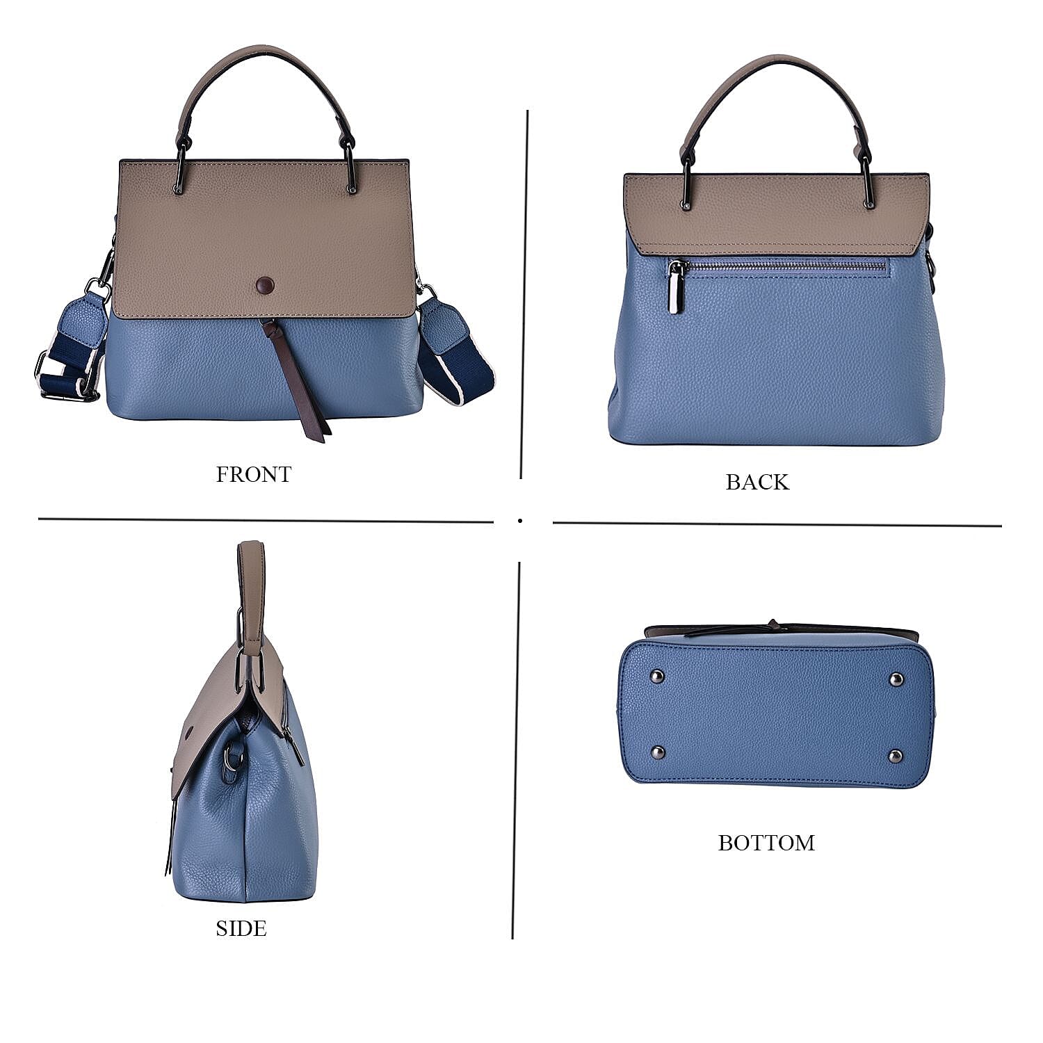 Genuine Leather Crossbody Bag with 2 Exterior Zipped Pockets - Shoulder Strap - Blue