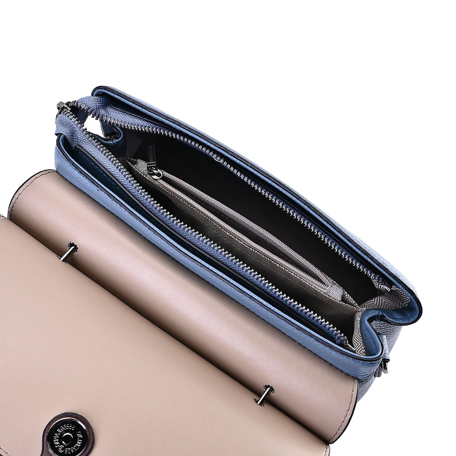 Genuine Leather Crossbody Bag with 2 Exterior Zipped Pockets - Shoulder Strap - Blue