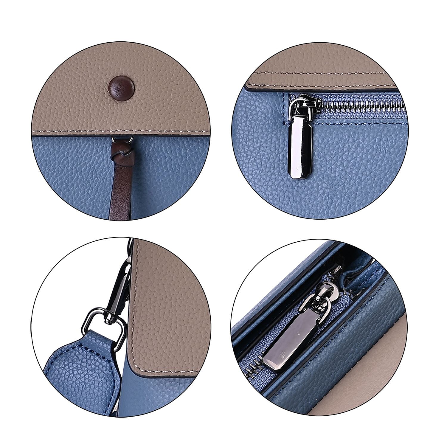 Genuine Leather Crossbody Bag with 2 Exterior Zipped Pockets - Shoulder Strap - Blue