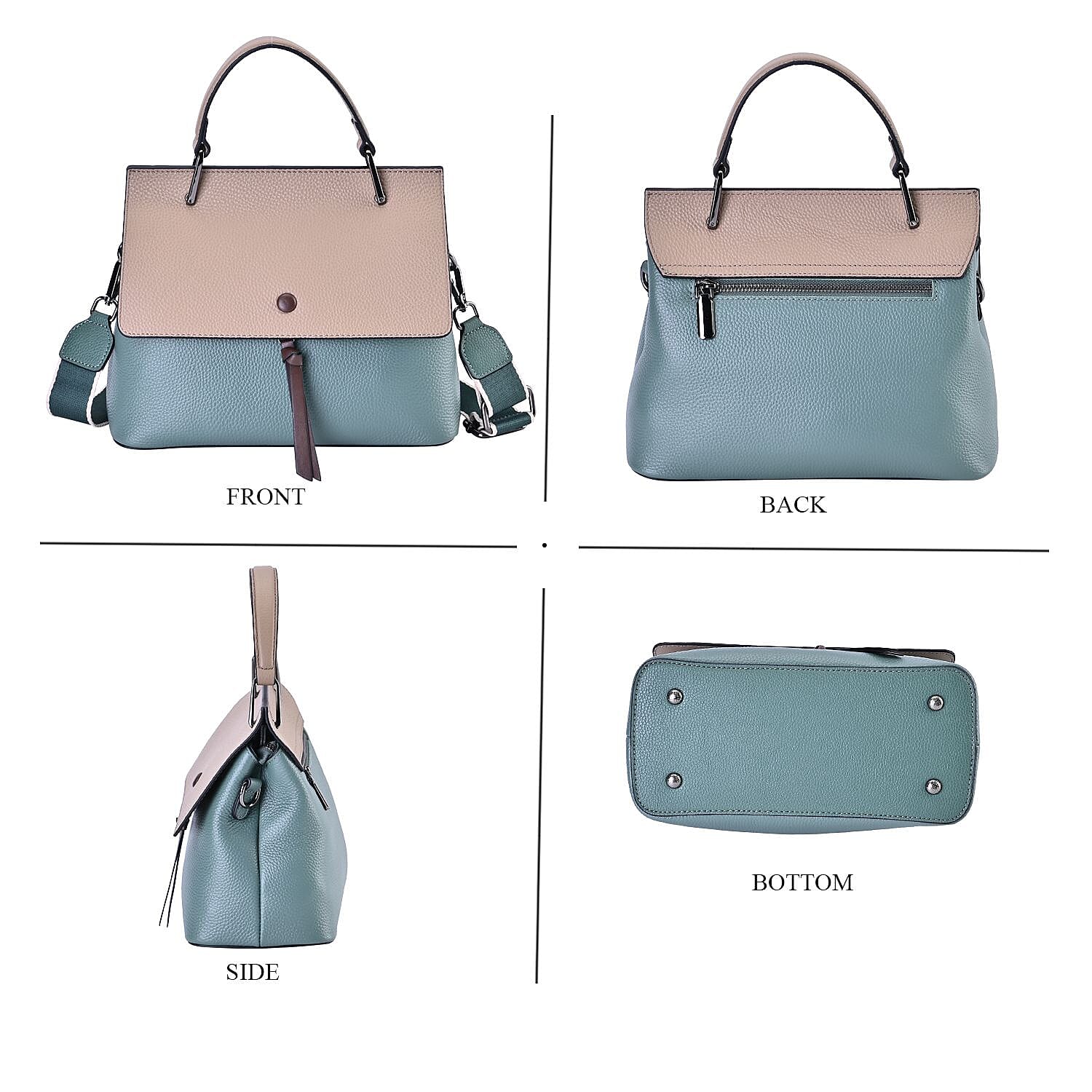 Genuine Leather Crossbody Bag with 2 Exterior Zipped Pockets - Shoulder Strap - Green