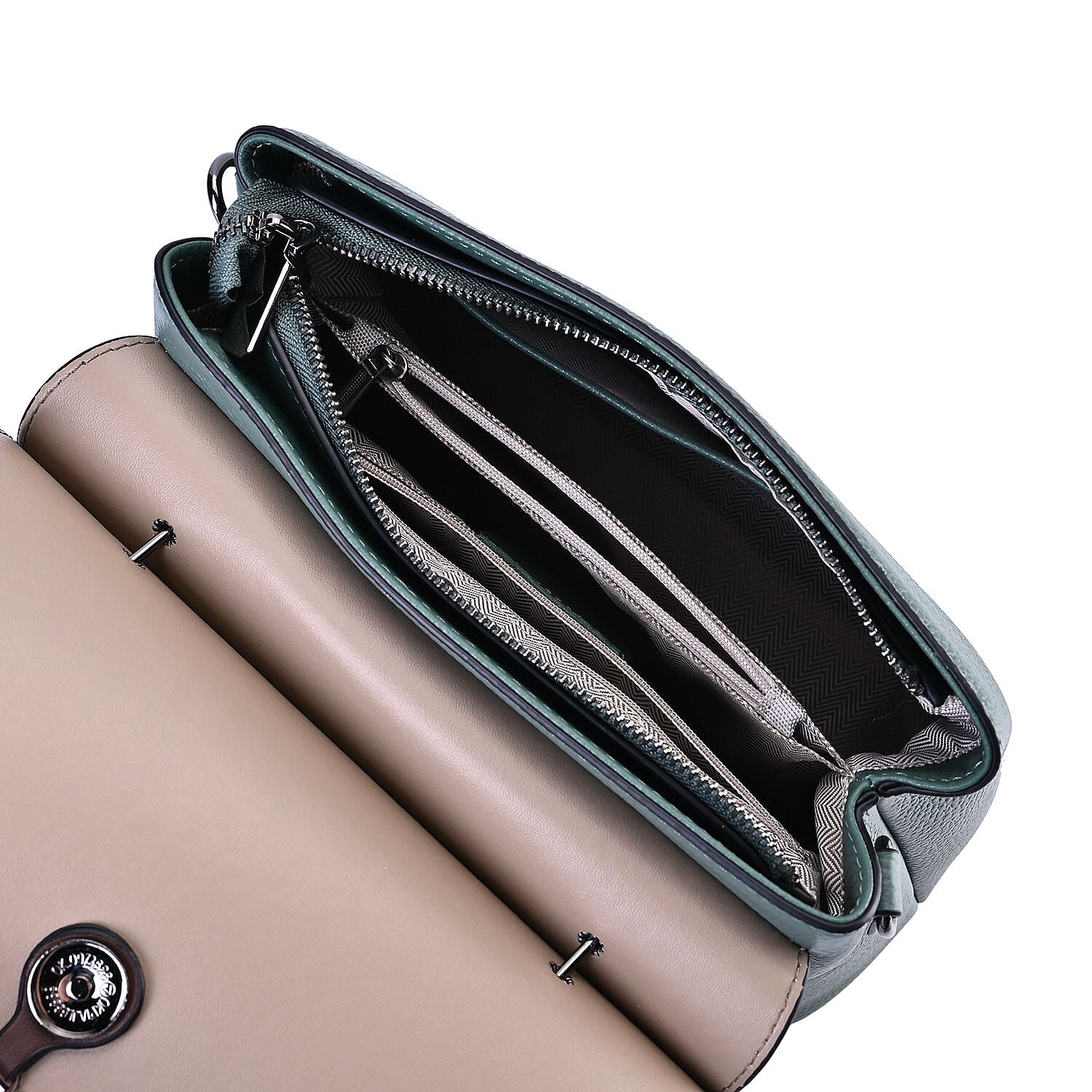 Genuine Leather Crossbody Bag with 2 Exterior Zipped Pockets - Shoulder Strap - Green