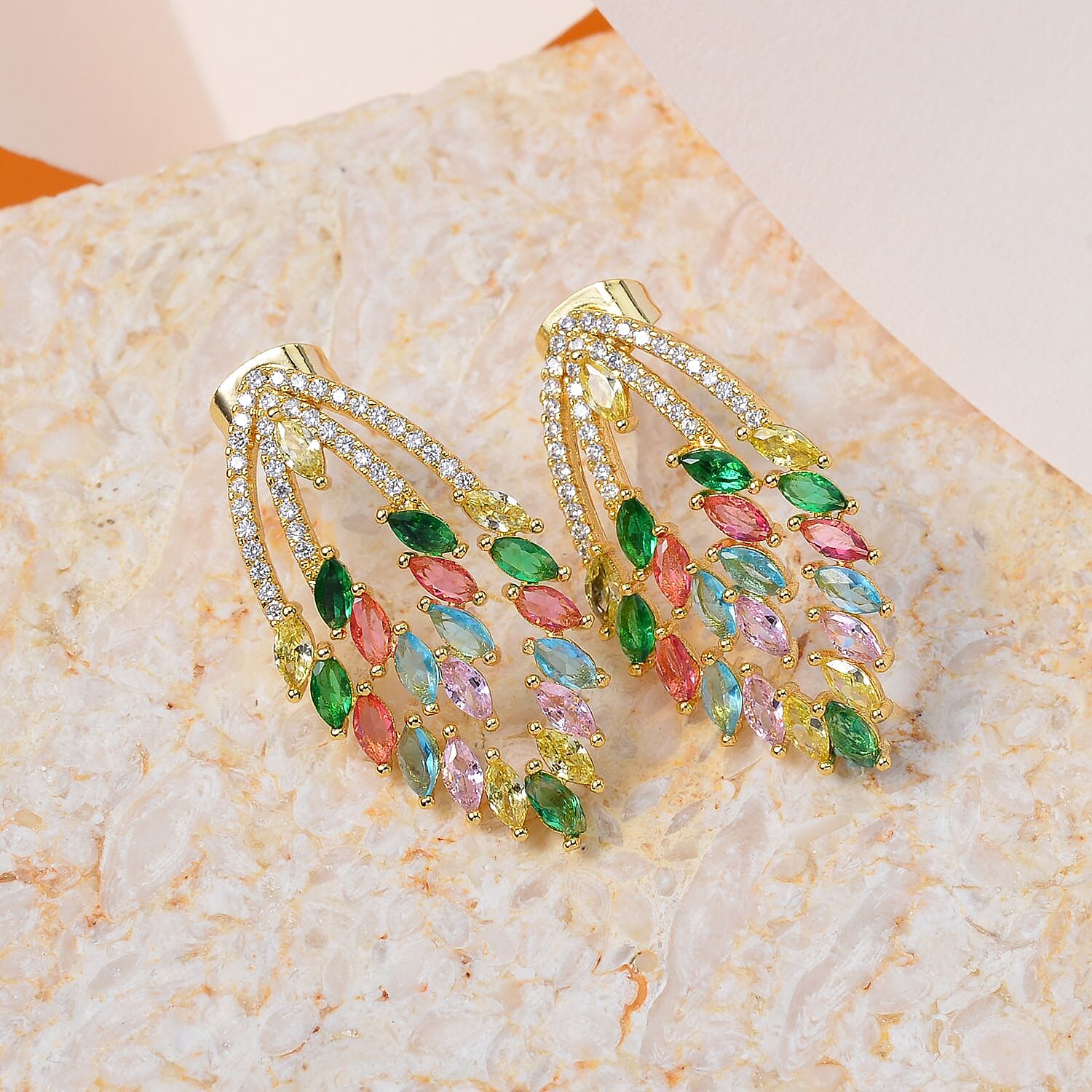 Multi Colour Cubic Zirconia Chandelier Earrings in Yellow Gold Tone