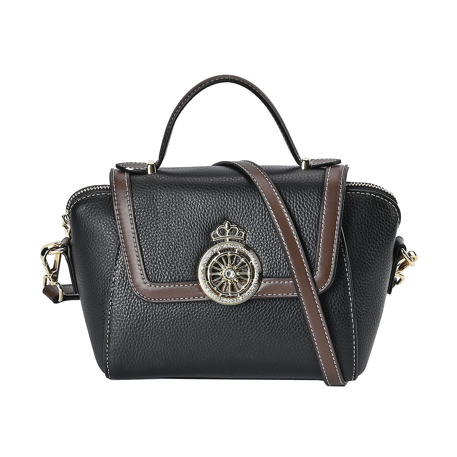 Elegant 100% Genuine Leather Crossbody Bag With Flip Top Zip Closure - Detachable Shoulder Trap - Black