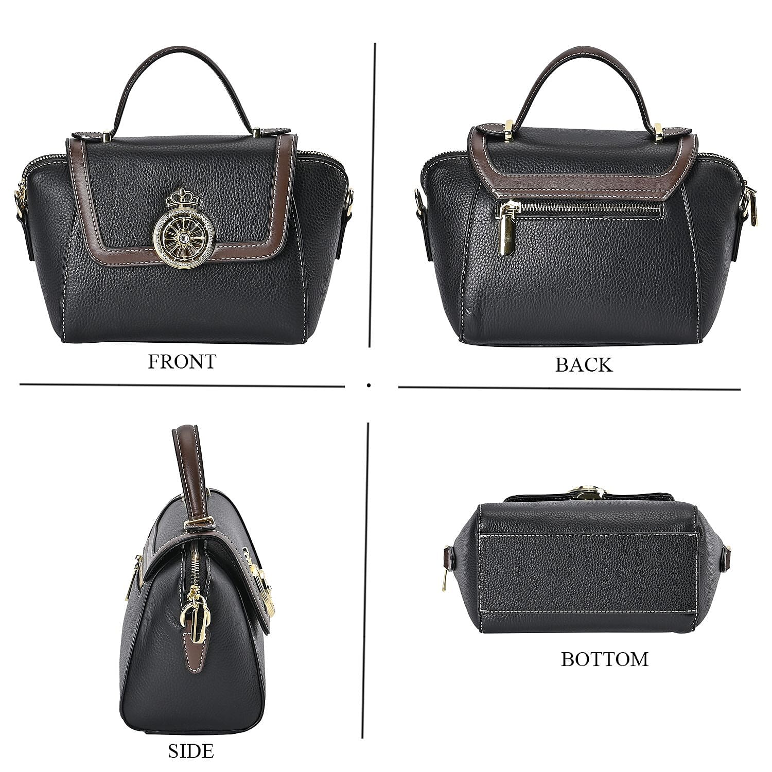 Elegant 100% Genuine Leather Crossbody Bag With Flip Top Zip Closure - Detachable Shoulder Trap - Black