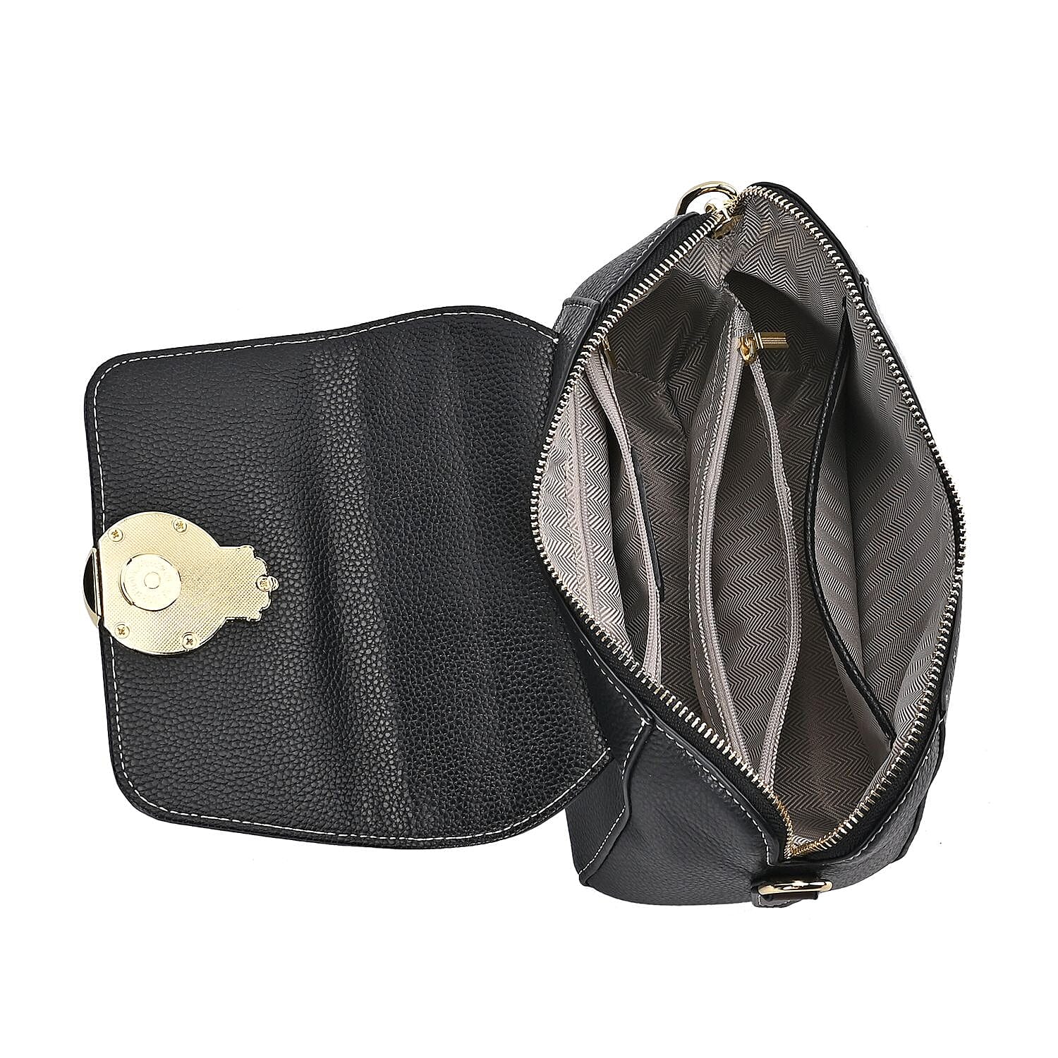 Elegant 100% Genuine Leather Crossbody Bag With Flip Top Zip Closure - Detachable Shoulder Trap - Black