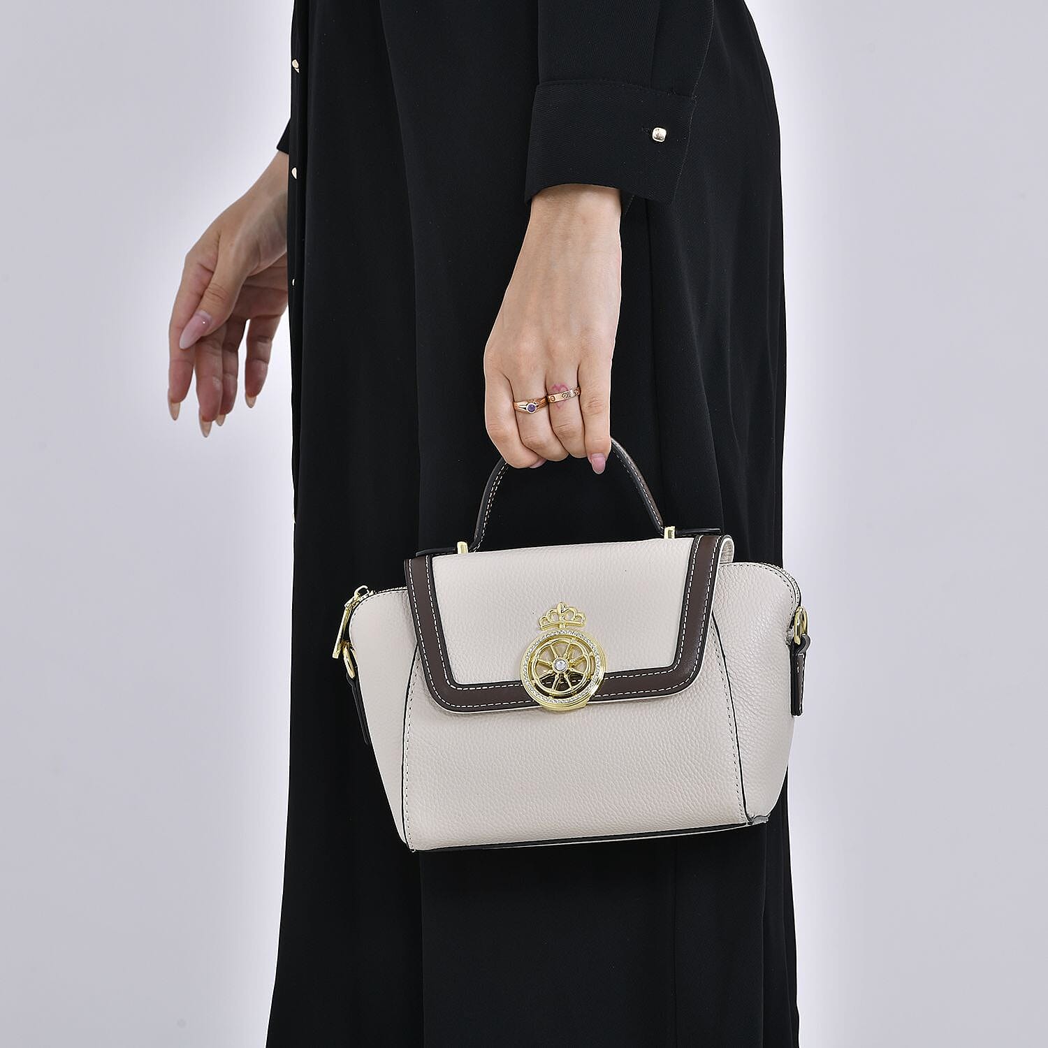 Elegant 100% Genuine Leather Crossbody Bag With Flip Top Zip Closure - Detachable Shoulder Trap - White