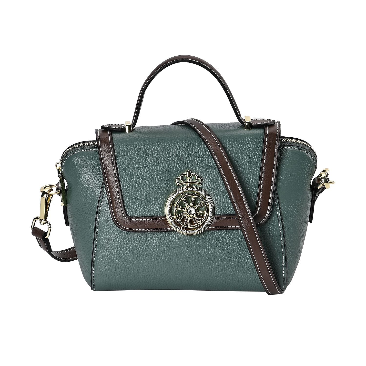 Elegant 100% Genuine Leather Crossbody Bag With Flip Top Zip Closure - Detachable Shoulder Trap - Olive