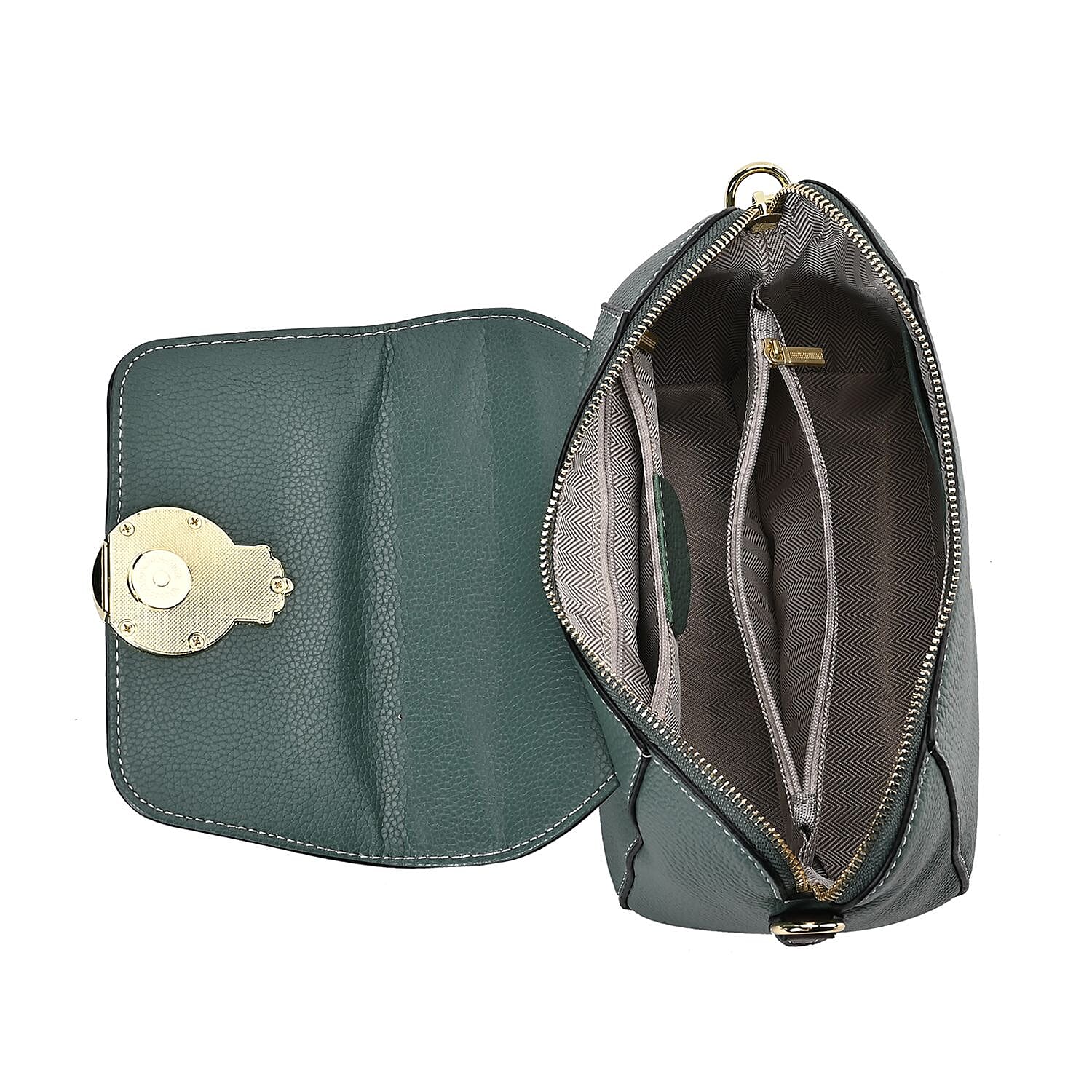 Elegant 100% Genuine Leather Crossbody Bag With Flip Top Zip Closure - Detachable Shoulder Trap - Olive