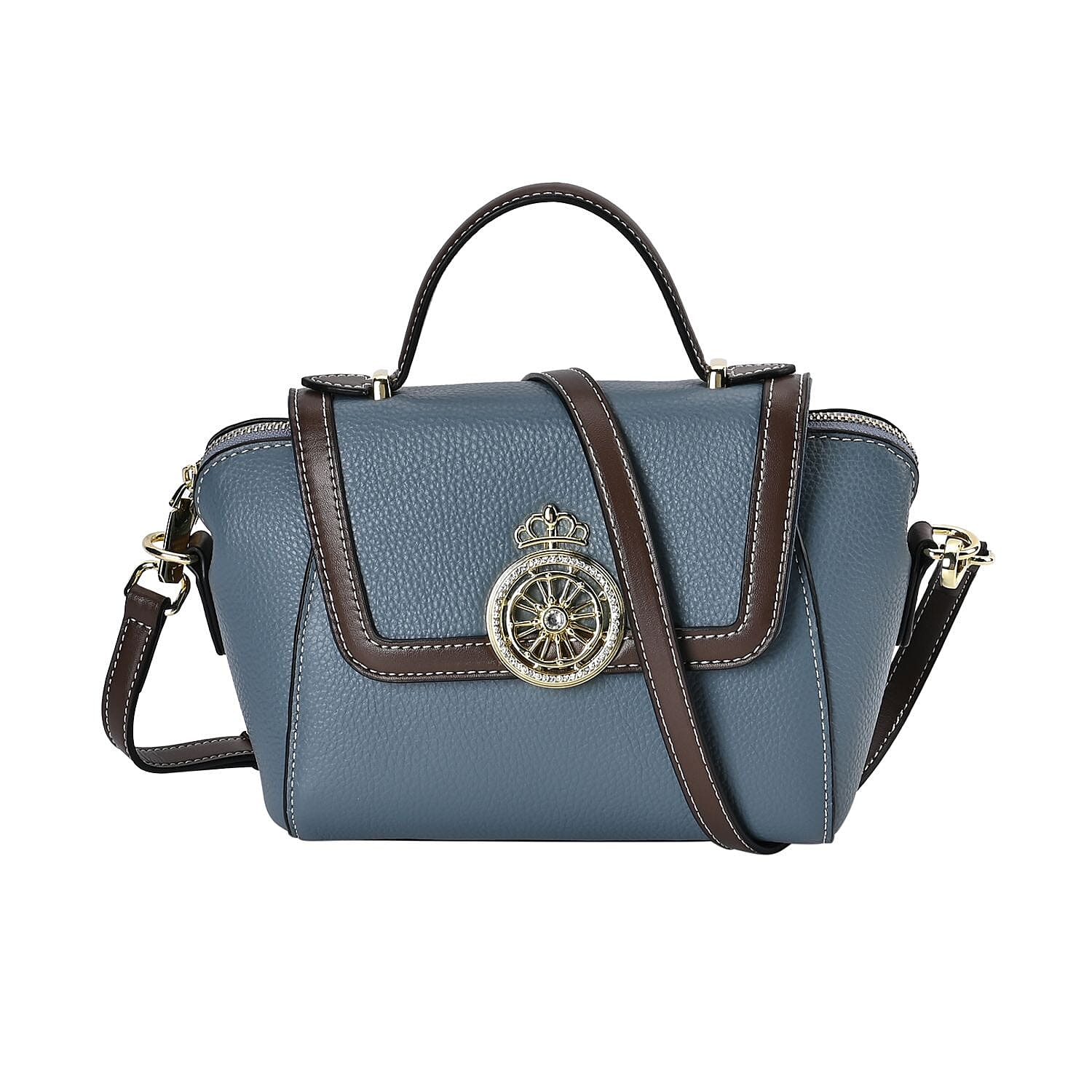 Elegant 100% Genuine Leather Crossbody Bag With Flip Top Zip Closure & Detachable Shoulder Trap - Blue