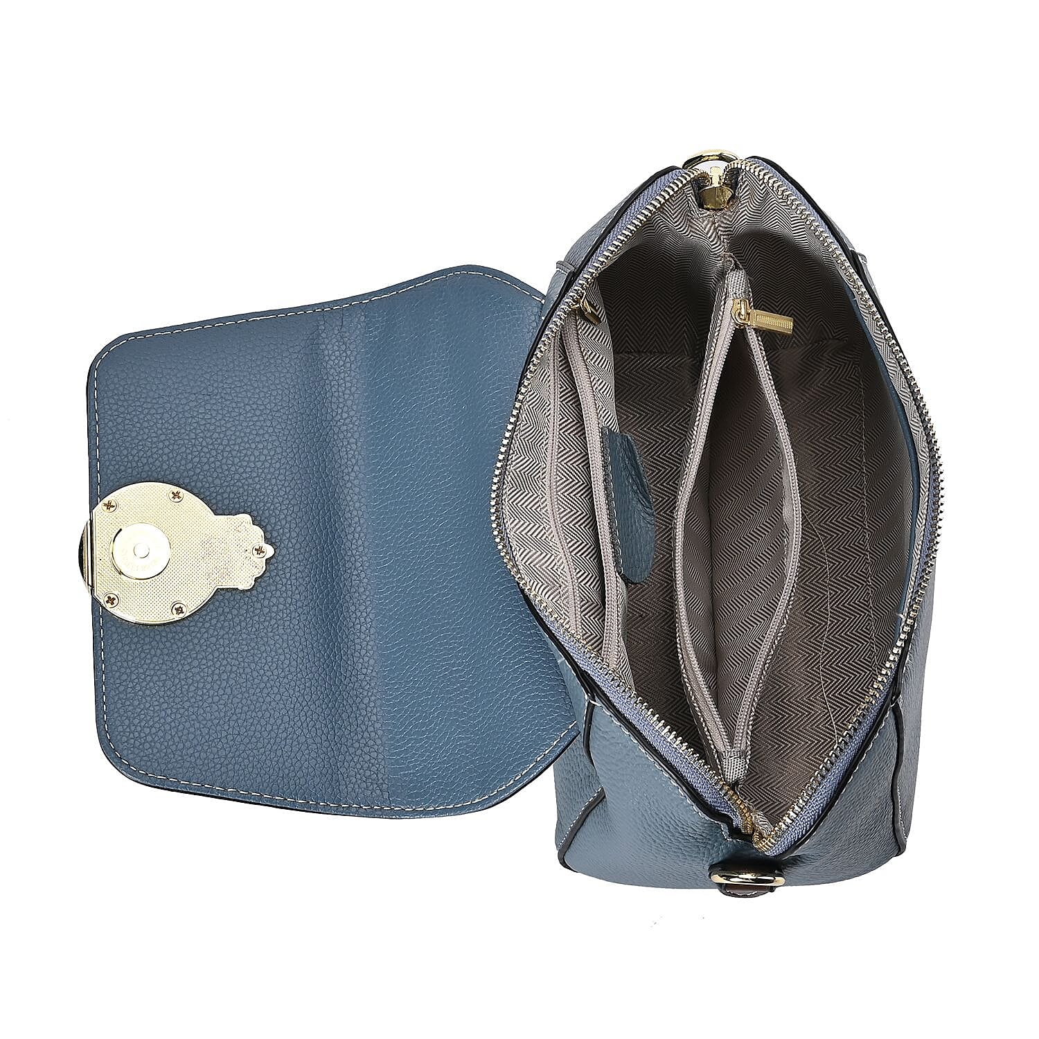 Elegant 100% Genuine Leather Crossbody Bag With Flip Top Zip Closure & Detachable Shoulder Trap - Blue