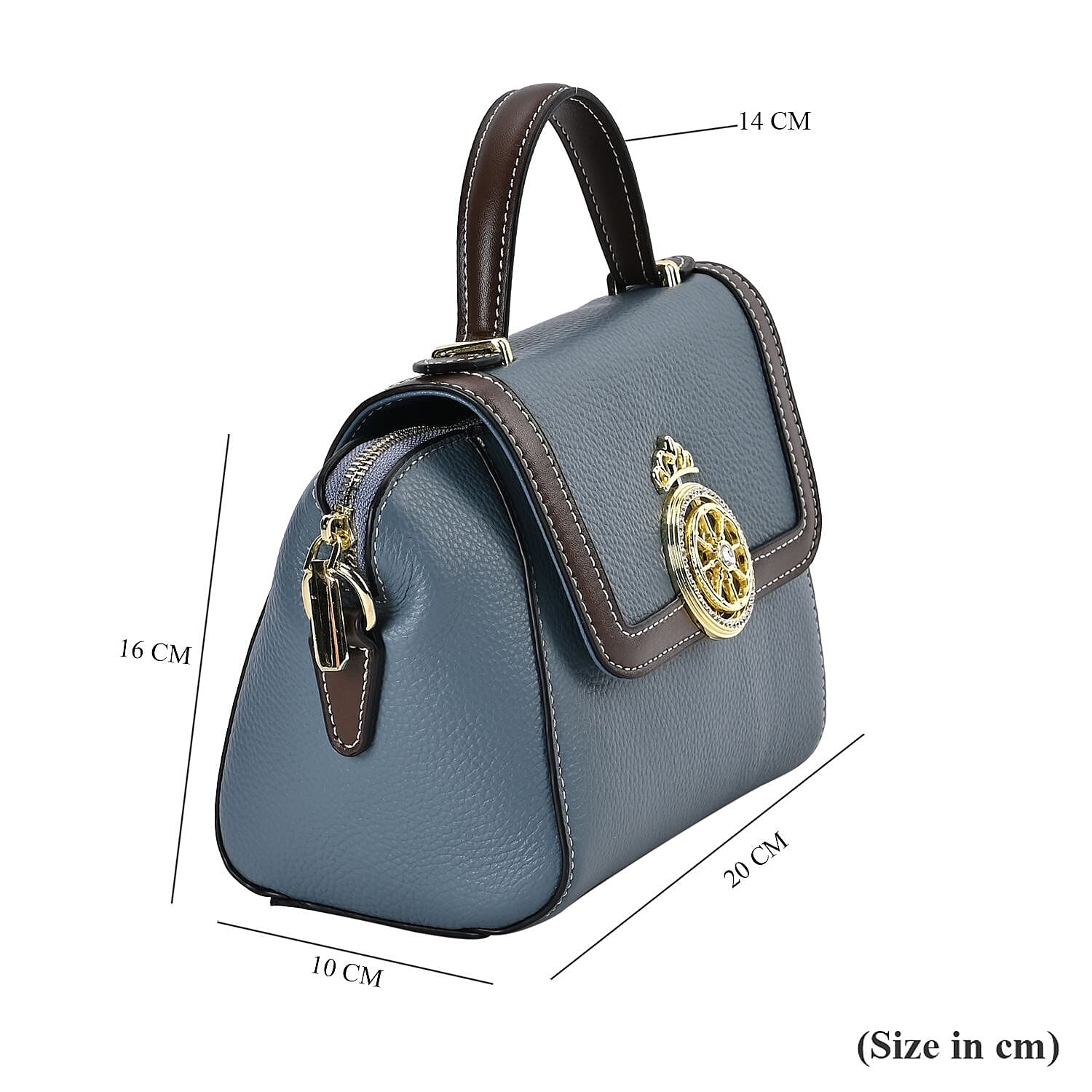 Elegant 100% Genuine Leather Crossbody Bag With Flip Top Zip Closure & Detachable Shoulder Trap - Blue