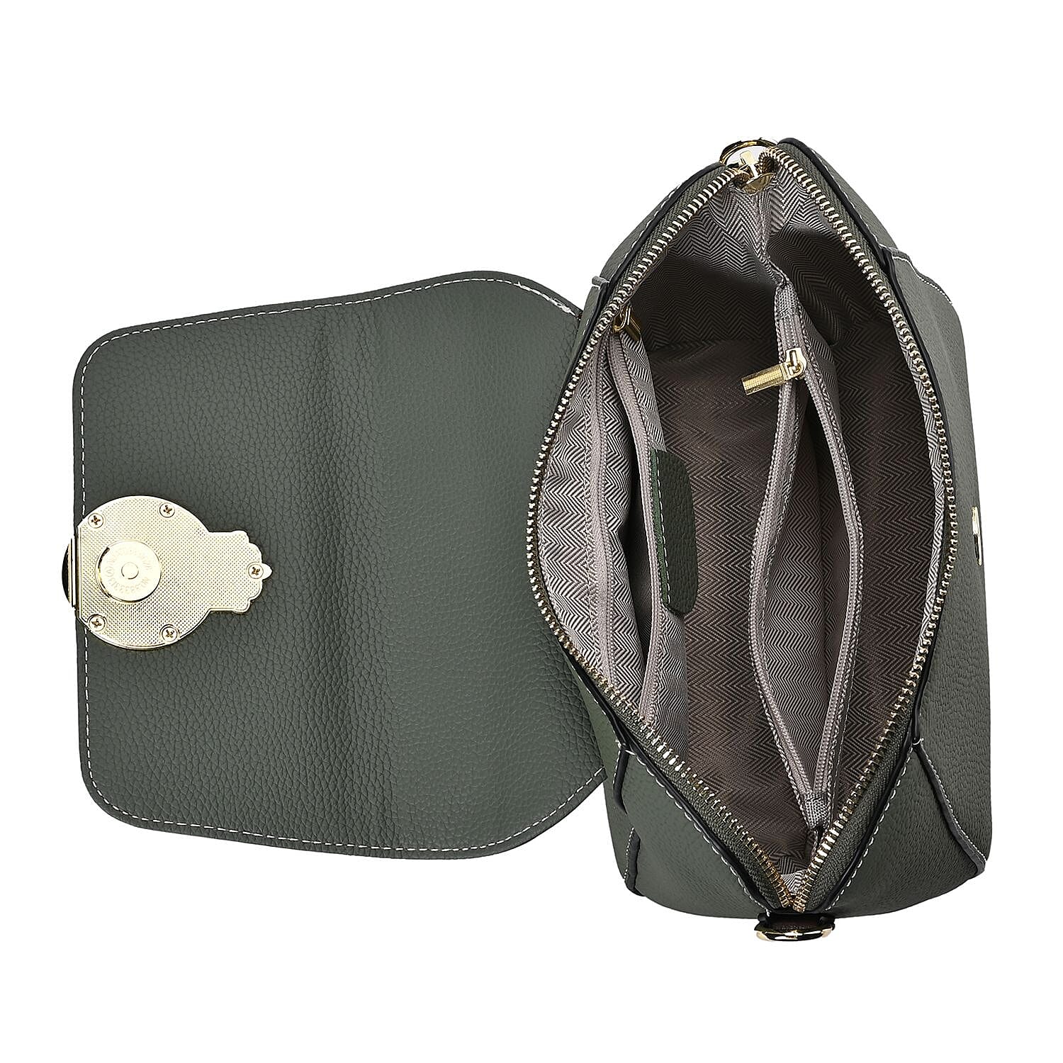 Elegant 100% Genuine Leather Crossbody Bag With Flip Top Zip Closure - Detachable Shoulder Trap - Green