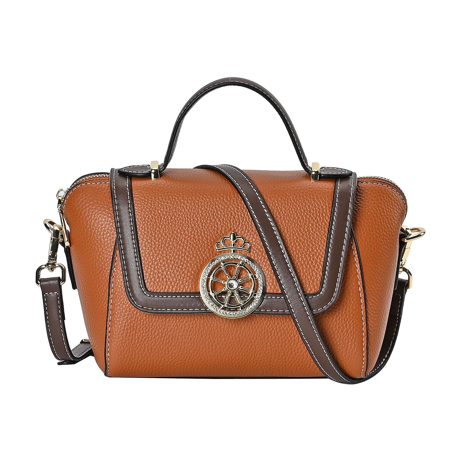 Elegant 100% Genuine Leather Crossbody Bag With Flip Top Zip Closure & Detachable Shoulder Trap - Tan
