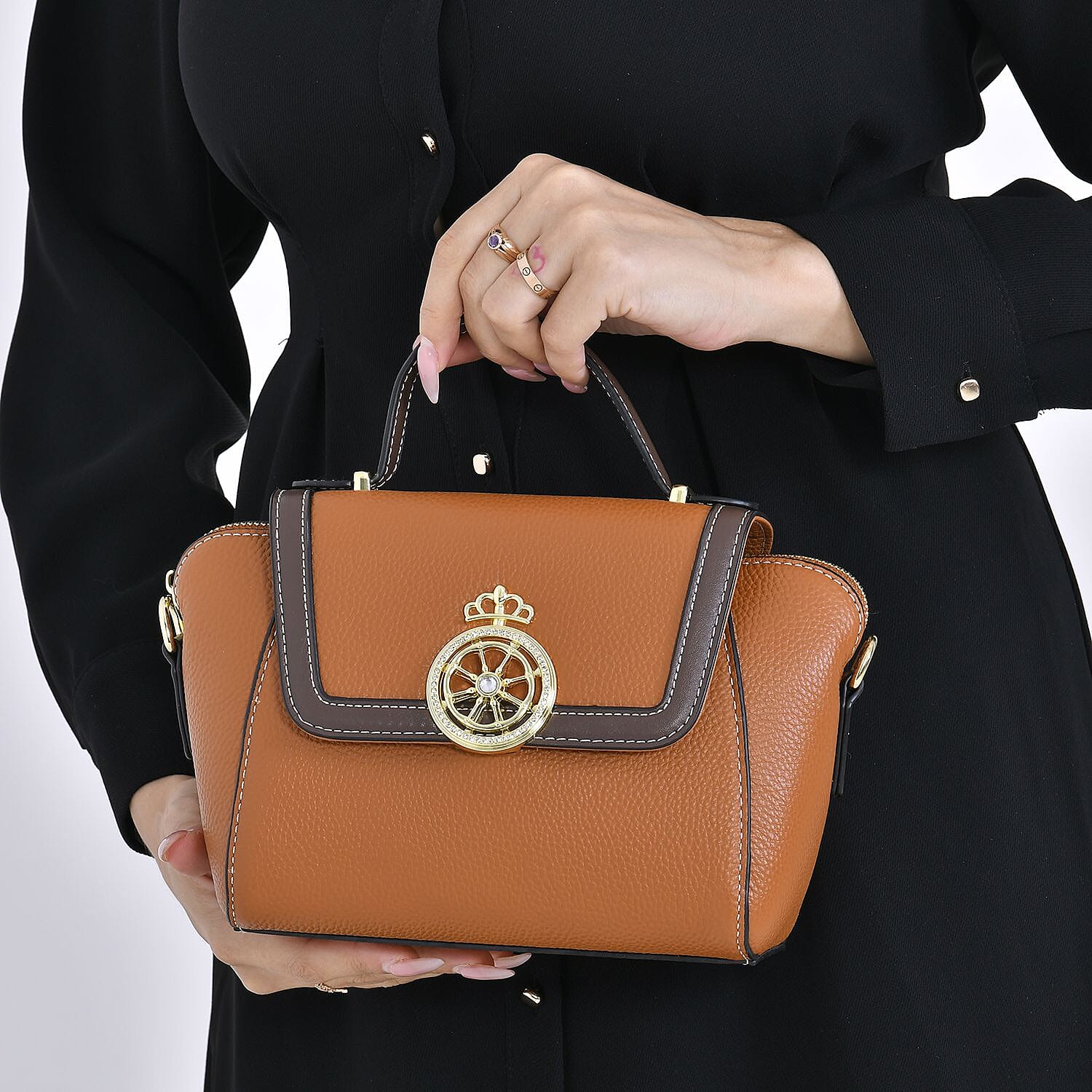 Elegant 100% Genuine Leather Crossbody Bag With Flip Top Zip Closure & Detachable Shoulder Trap - Tan