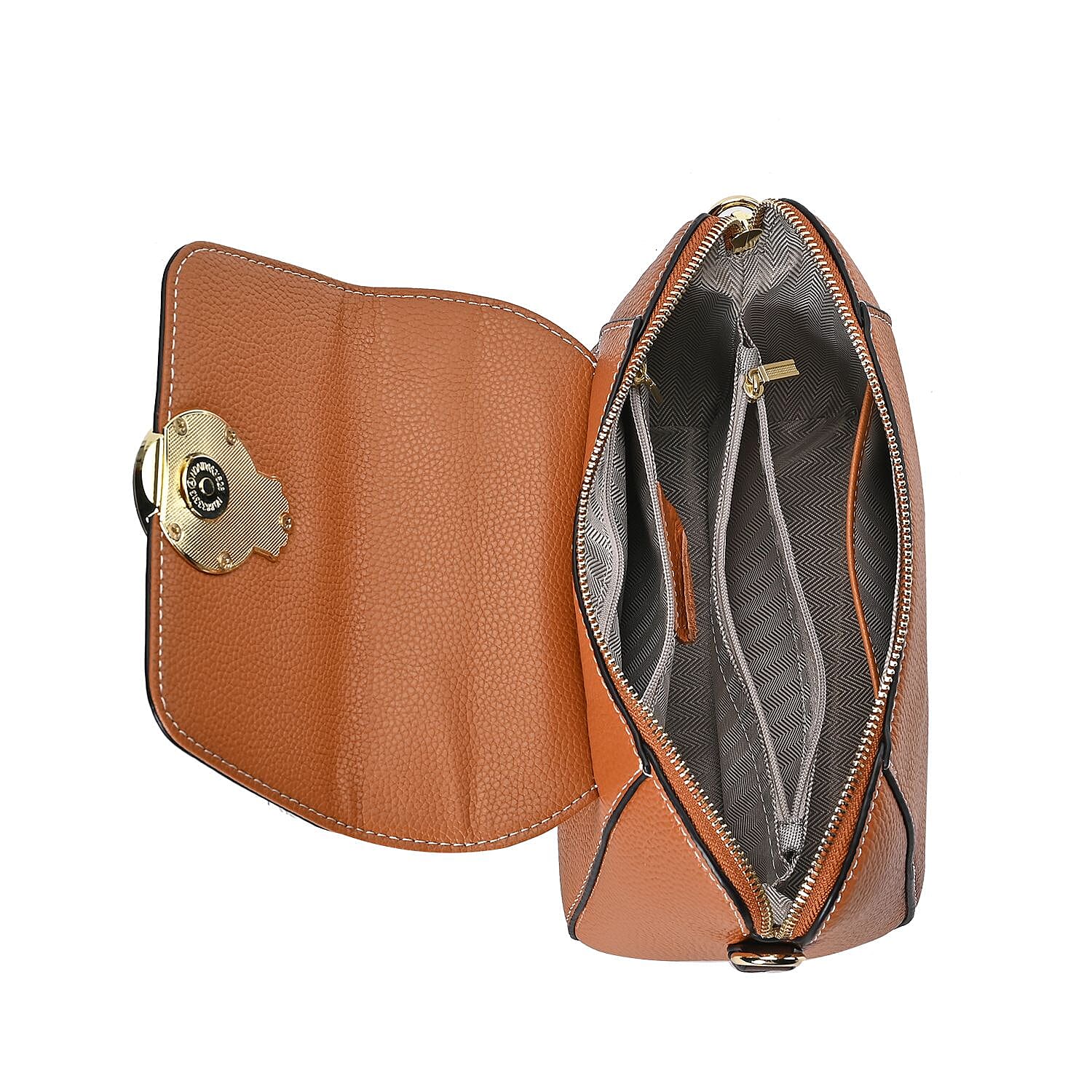 Elegant 100% Genuine Leather Crossbody Bag With Flip Top Zip Closure & Detachable Shoulder Trap - Tan