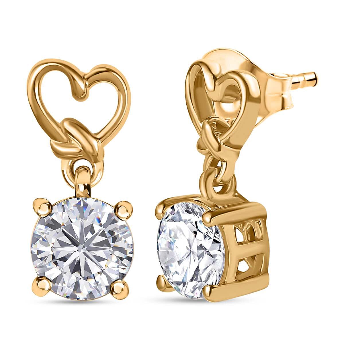 Finest CZ Heart Solitaire Stud Earrings in 18K Vermeil YG Sterling Silver 3.30 Ct