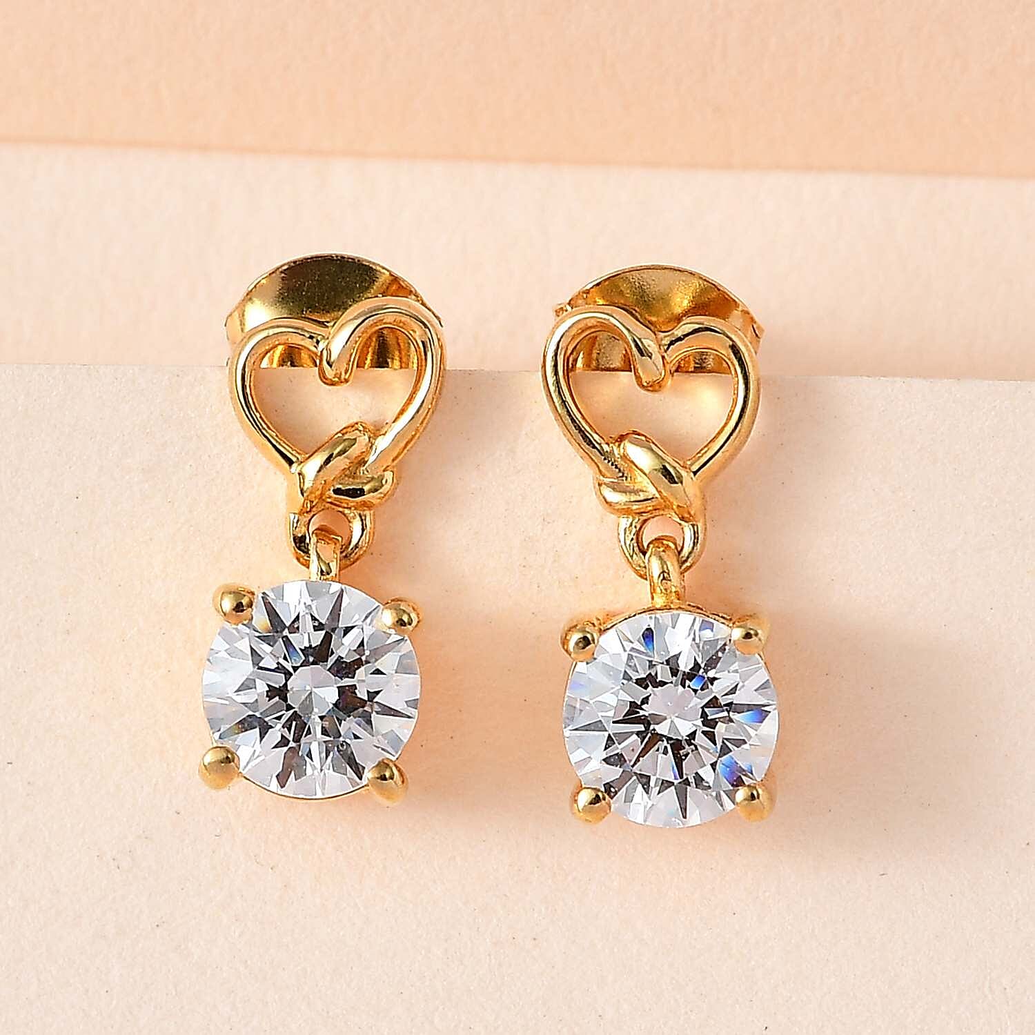 Finest CZ Heart Solitaire Stud Earrings in 18K Vermeil YG Sterling Silver 3.30 Ct